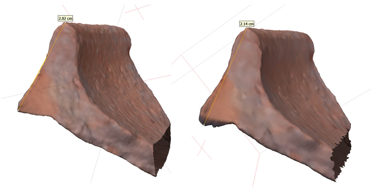 Figure 8 
               Comparison of two mesh processed via dense-cloud (left) and depth maps (right). Since the same sherd model is used, sherd orientation is based on the data used for referencing and is identical for both 3D models.
            