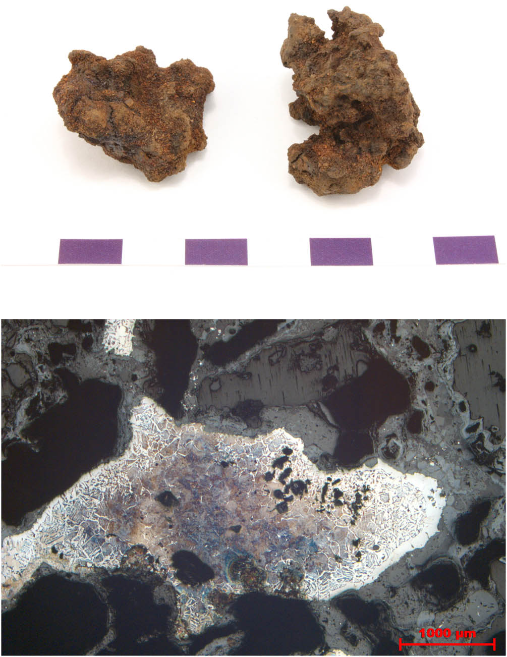 Figure 5
Iron waste from the Vivungi site. The etched sample shows a pearlite texture, which demonstrates a high carbon content (photograph and micrograph by E. Ogenhall © The Archaeologists, Swedish National Historical Museums).