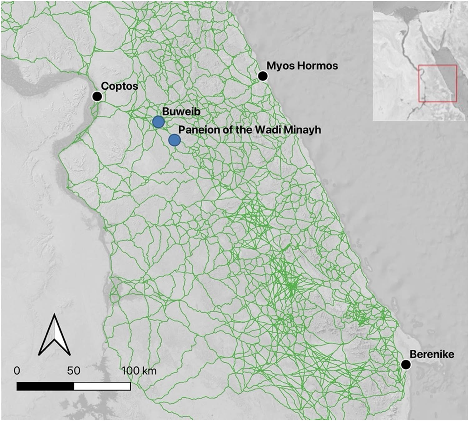 Figure 1 
               An illustration of the density of potential camel paths connecting Ptolemaic and Roman sites in the Eastern Desert. The primary origins of travel discussed in this article, as well as the case study sites, are shown.
            