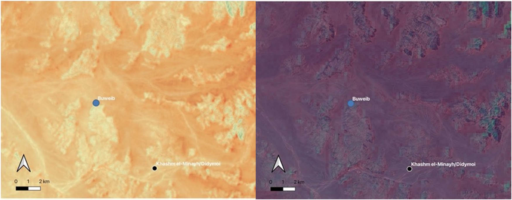 Figure 8 
                  Left: Average June land surface temperature at Buweib. The flat areas surrounding the site average 55°C, compared with 58.5 in the broader area. Data from Landsat 8. Right: Average annual windspeed. Greens are higher speed, and purples lower. At the Paneion of Wadi Minayh, the windspeed is between 3 and 3.5 km/h. Data from globalwindatlas.info.
               
