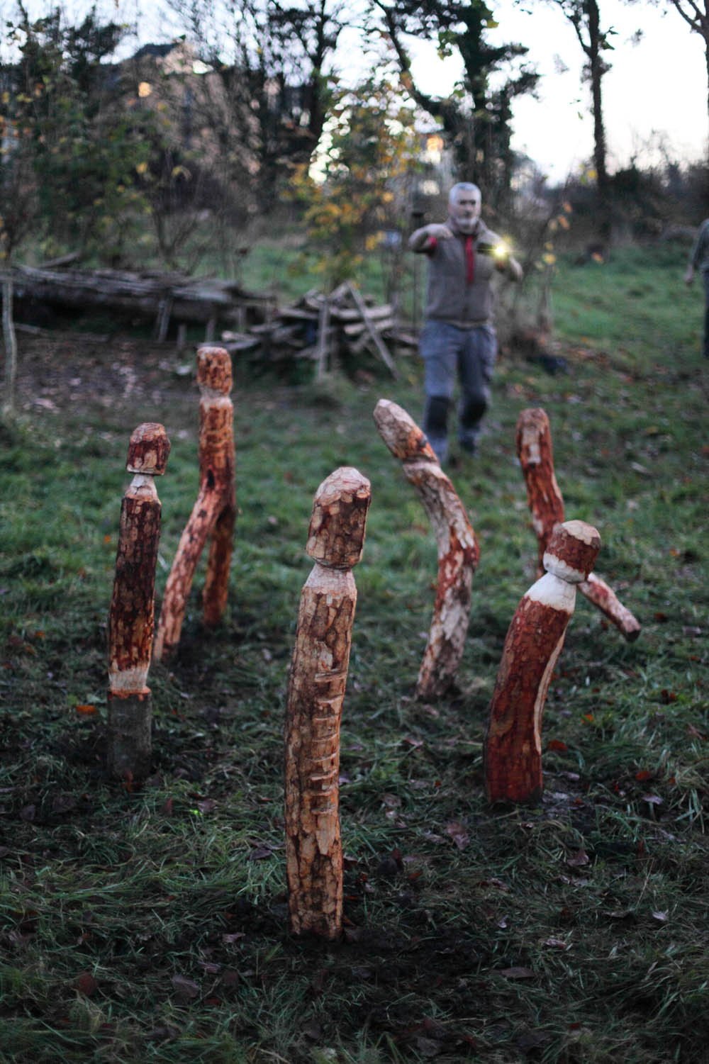 Figure 5 
                  Conor McDermott (UCD) and the completed figurines take root in the soil at UCD’s Experimental Archaeology Centre (Credit: Brian Mac Domhnaill, PP).
               