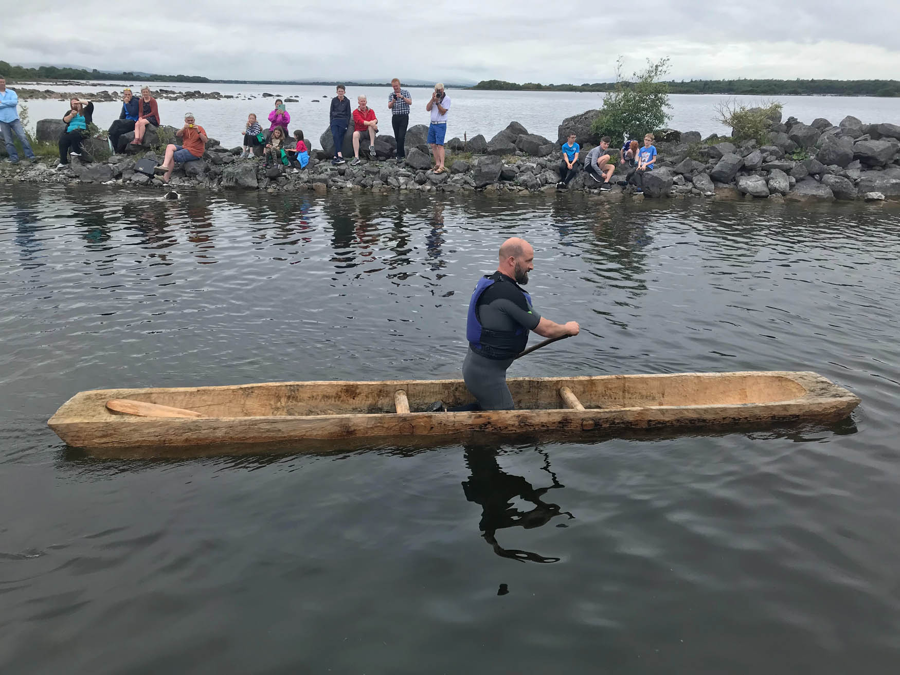 Figure 7 
                  Lees Island 5 replica log boat’s maiden voyage on Lough Corrib (Credit: Benjamin Gearey, PP).
               