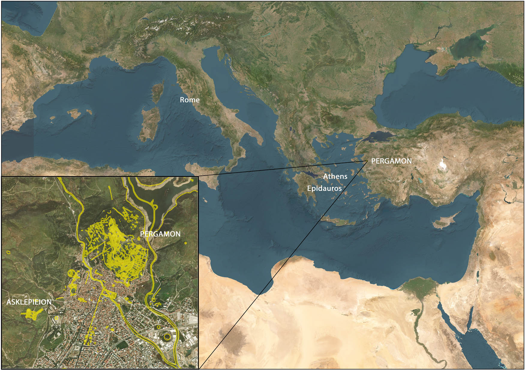 Figure 1
General map with an inset on the area of Pergamon and the Asklepieion (image: A. Katevaini, using ArcGIS Pro and basemap of ESRI World Imagery, in yellow a layer from Pergamon Digital Map 1.1).