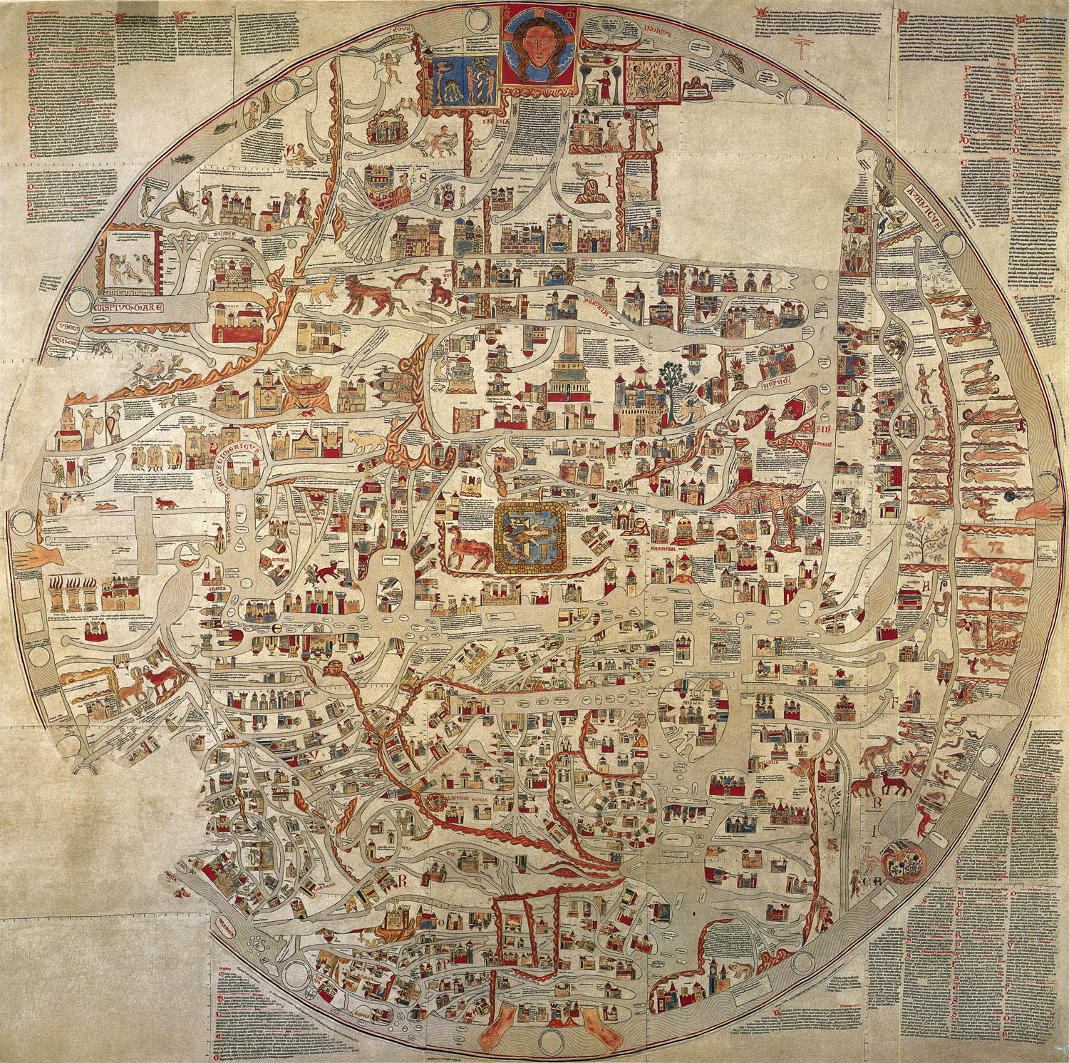 Figure 2 
               A medieval mappa mundi – the Ebstorf map, attributed to Gervase of Tilsbury, dated to 1234–1240 (image: wikimedia [reproduction of original], public domain).
            