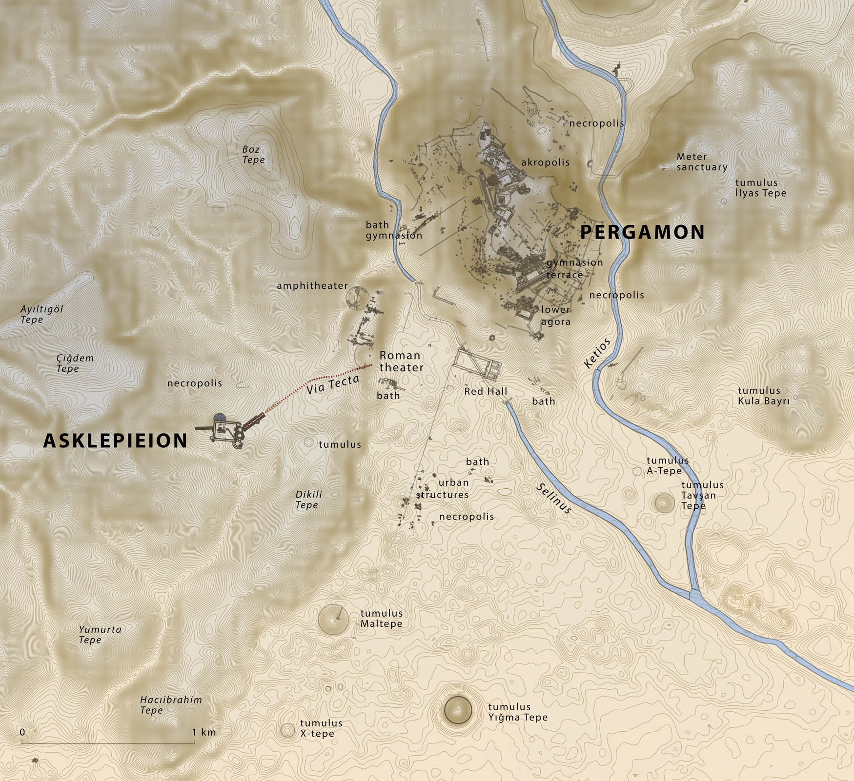 Figure 4
Map of Pergamon, showing the location of the Asklepieion (image: C. G. Williamson, using QGIS and the Pergamon Digital Map 1.1).