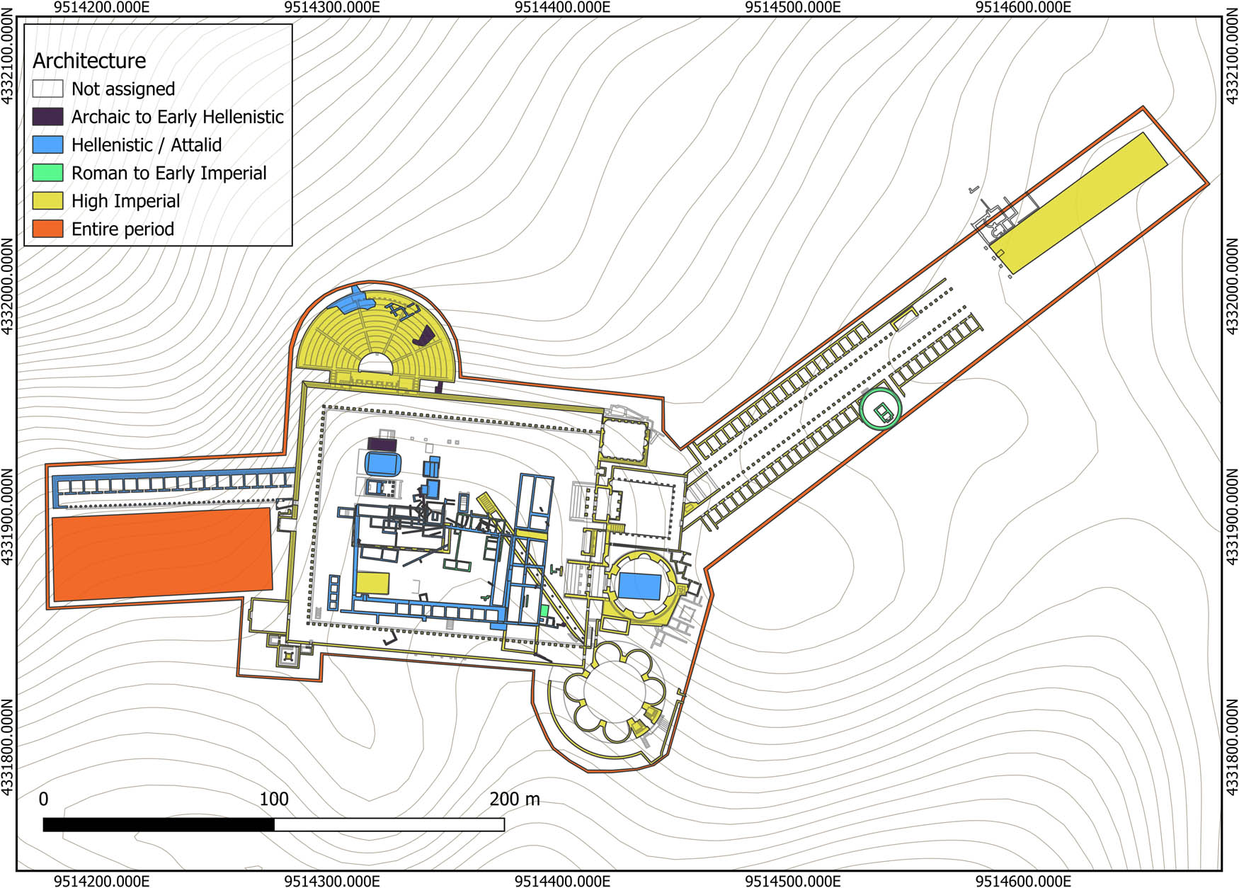 Figure 6
The QGIS environment with the layers related to architecture divided into global historical phases. Purple: Archaic to Early Hellenistic; blue: Hellenistic/Attalid; green: Roman to Early Imperial period; yellow: High Imperial and Orange summary features that cover the entire period, the outline of is the entire “Asklepieion” as an entity, and the square to the West is a summary feature for the general area described as “Olivehain” (image: A. Katevaini; the period division largely conforms with AvP XI.1, Taf. 84).