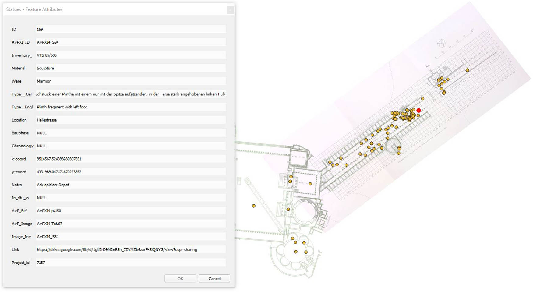 Figure 13
Screenshot of the QGIS environment with the statues layers (points and georeferenced archaeological plan), including the feature attribute table of one of the entries (project ID 7157) (image: A. Katevaini).
