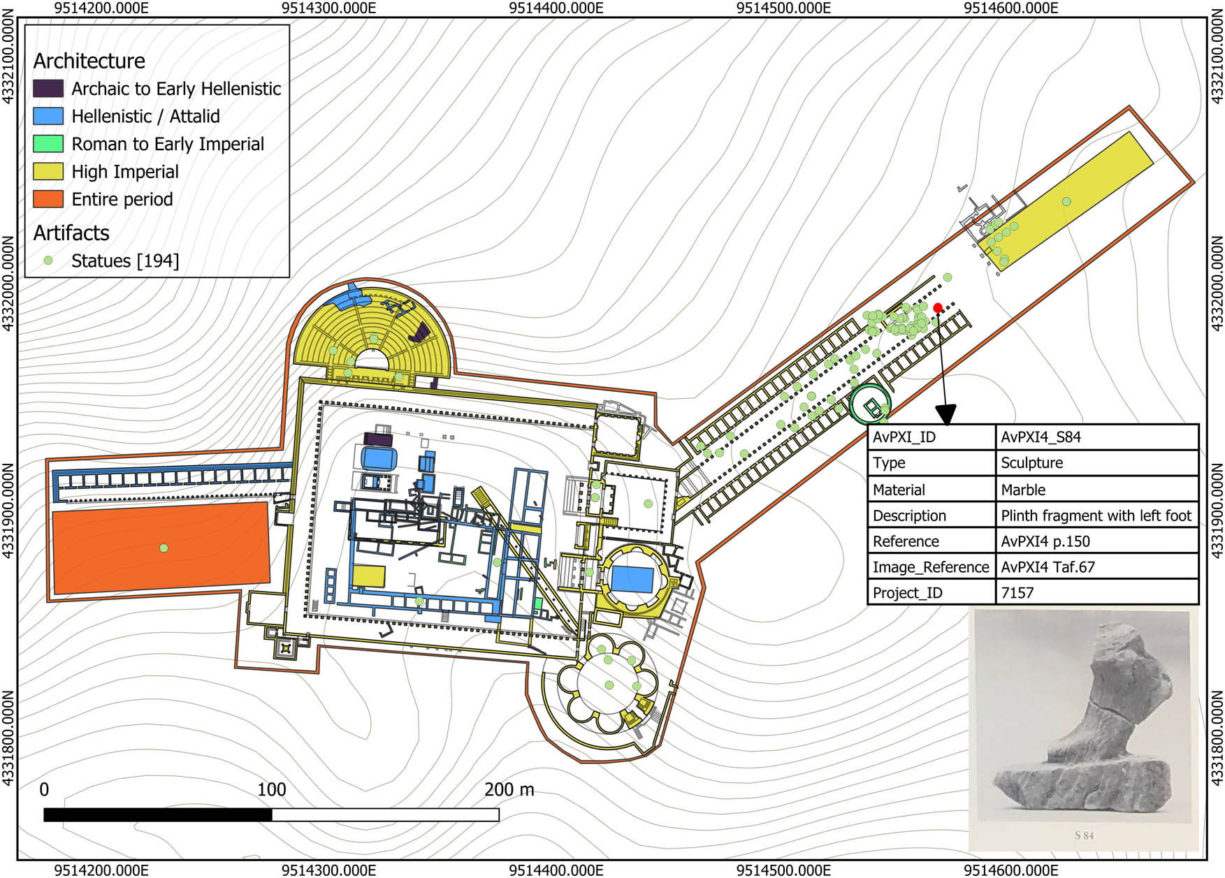 Figure 14
The statues layer in the QGIS environment, with the same entry highlighted in red (project ID 7157) (image: A. Katevaini).