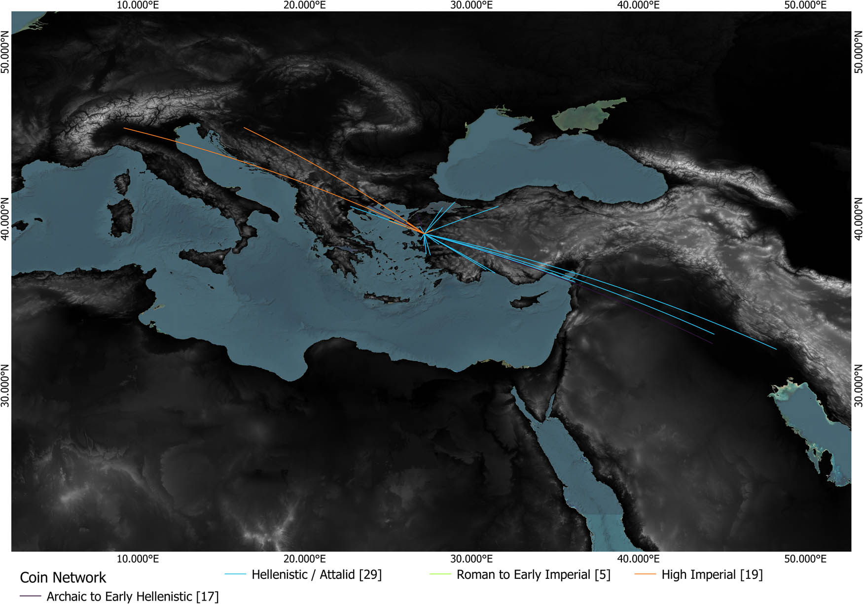 Figure 16
Extent part of the coin network, divided into the general historical phases. Purple: Archaic to Early Hellenistic; blue: Hellenistic/Attalid; green: Roman to Early Imperial period; yellow: High Imperial (image: A. Katevaini).