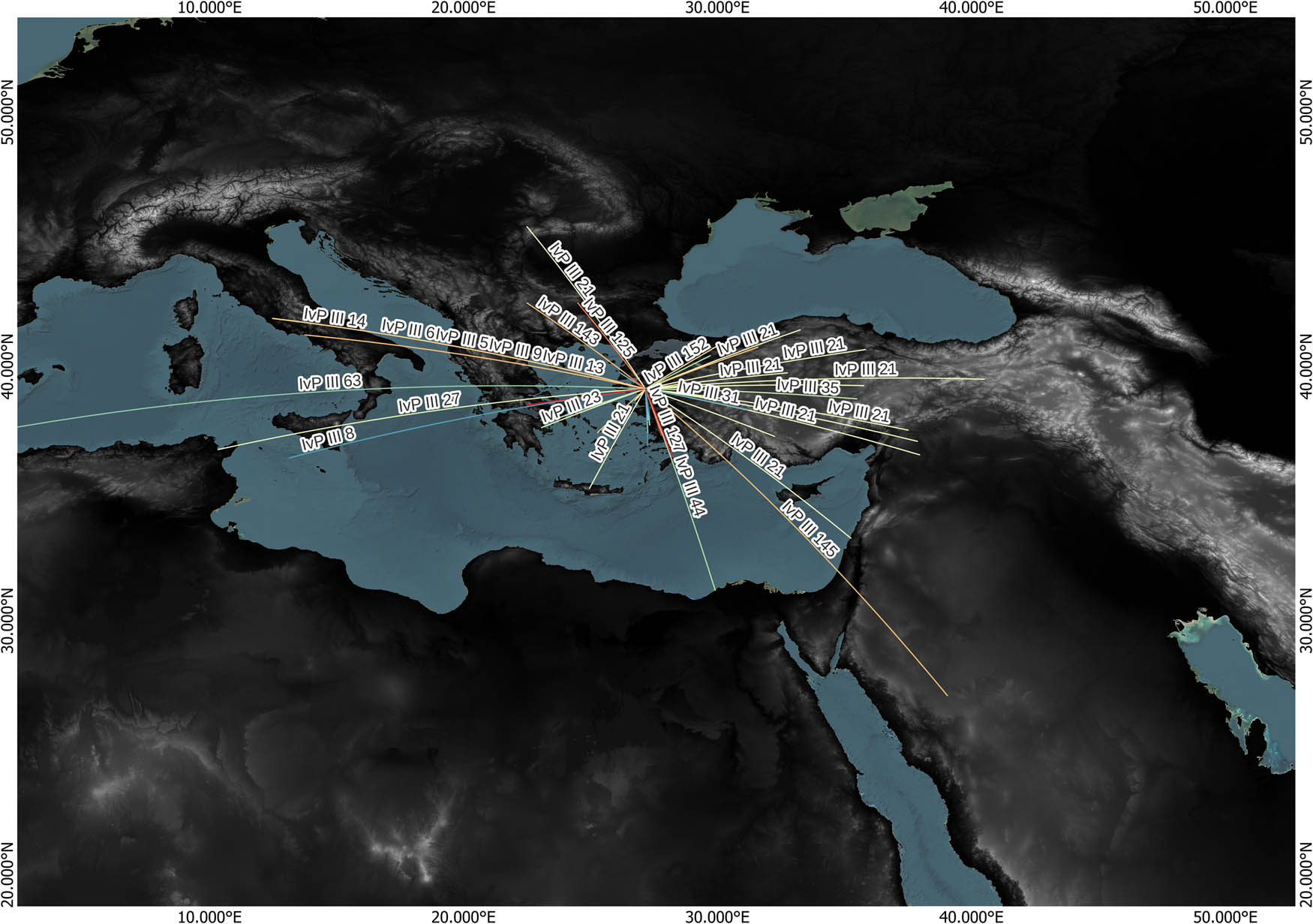 Figure 17
Extent of the inscription network, labeled with the main identifier of each inscription (image: A. Katevaini).