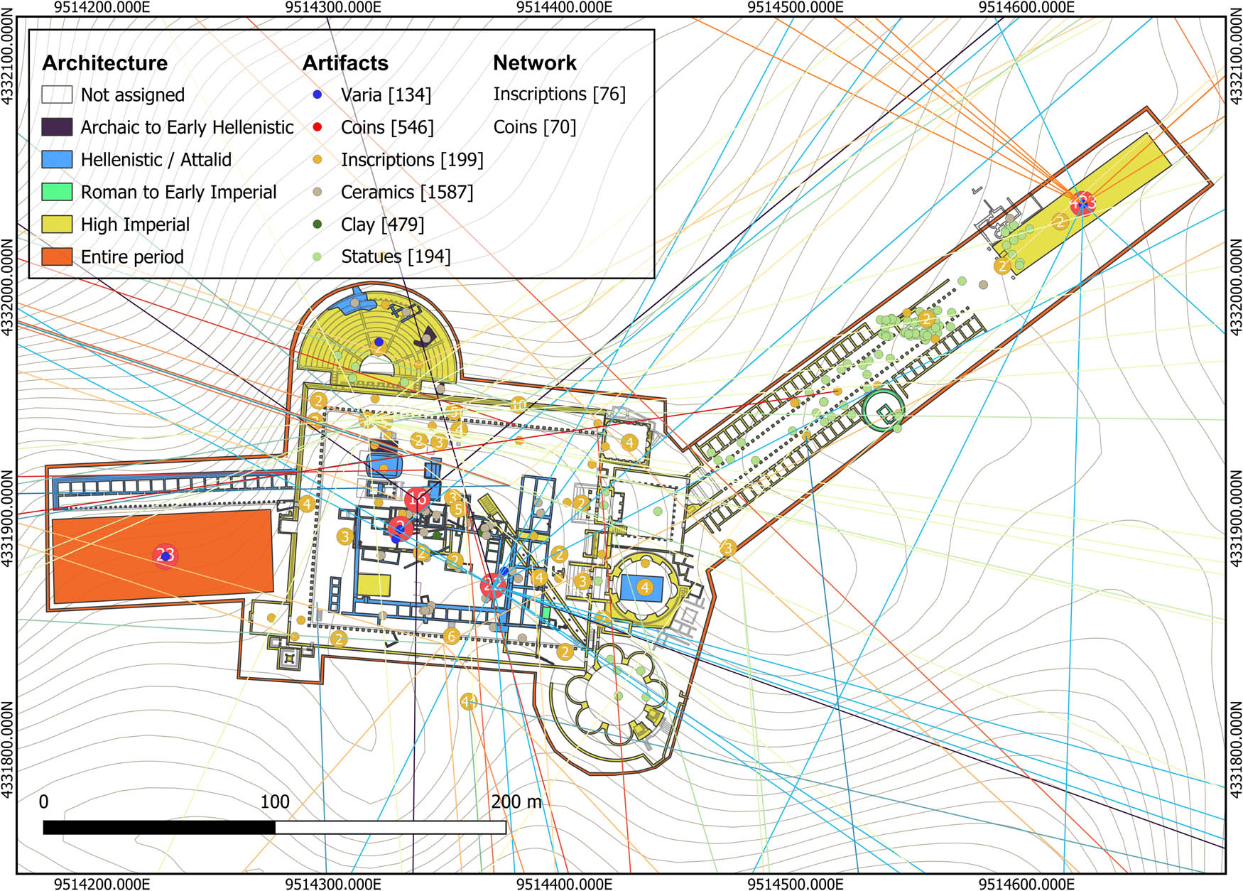 Figure 18
The deep map in the QGIS environment, with all of the layers active. Note that the predominance of yellow (High imperial period) reflects the position of this layer in the arrangement of layers, obscuring the layers below (image: A. Katevaini).