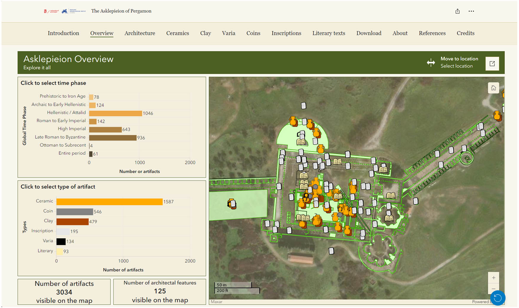 Figure 23
The Deep Map of the Asklepieion (askperg.org) – overview map showing the main dashboards for users to explore the spatial and temporal attributes of the data. Similar maps are available for the categories shown at the top, each with more specific and detailed parameters according to the data (image: authors and the Geodienst, University of Groningen).