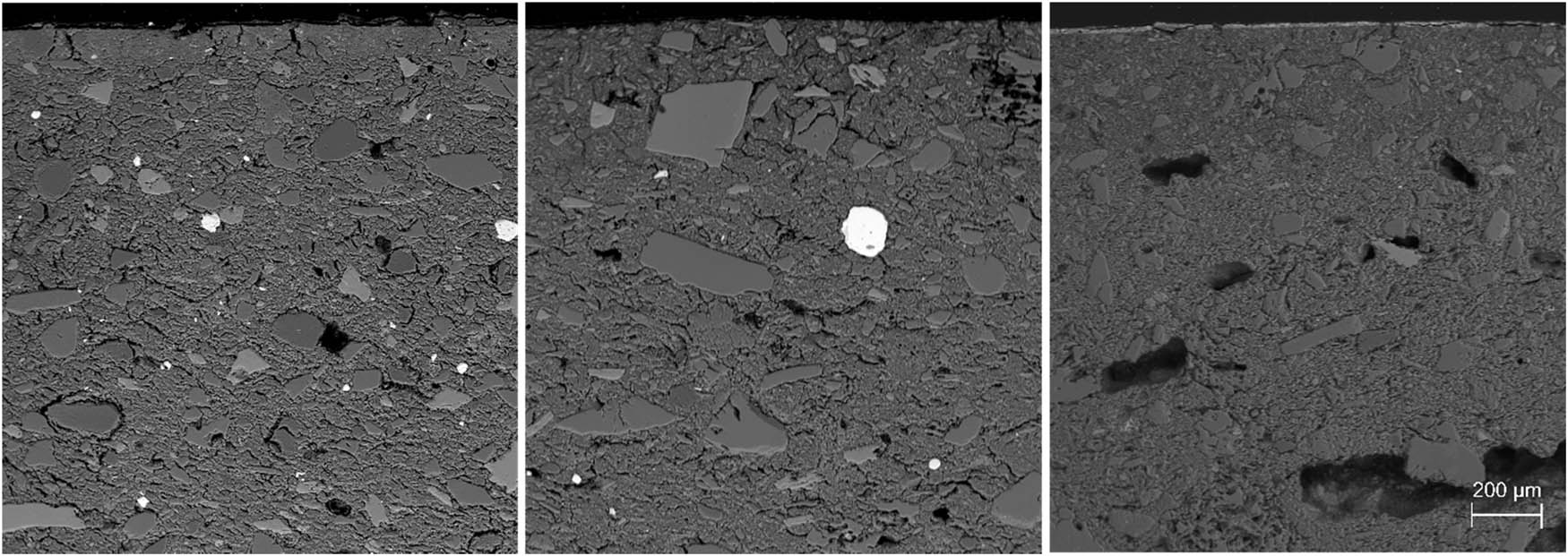 Figure 11 
                  BSE images of (left to right) of Capulí (CA230443), Piartal (CA230176), and Tuza (CA230163) ceramics scaled for direct comparison.
               