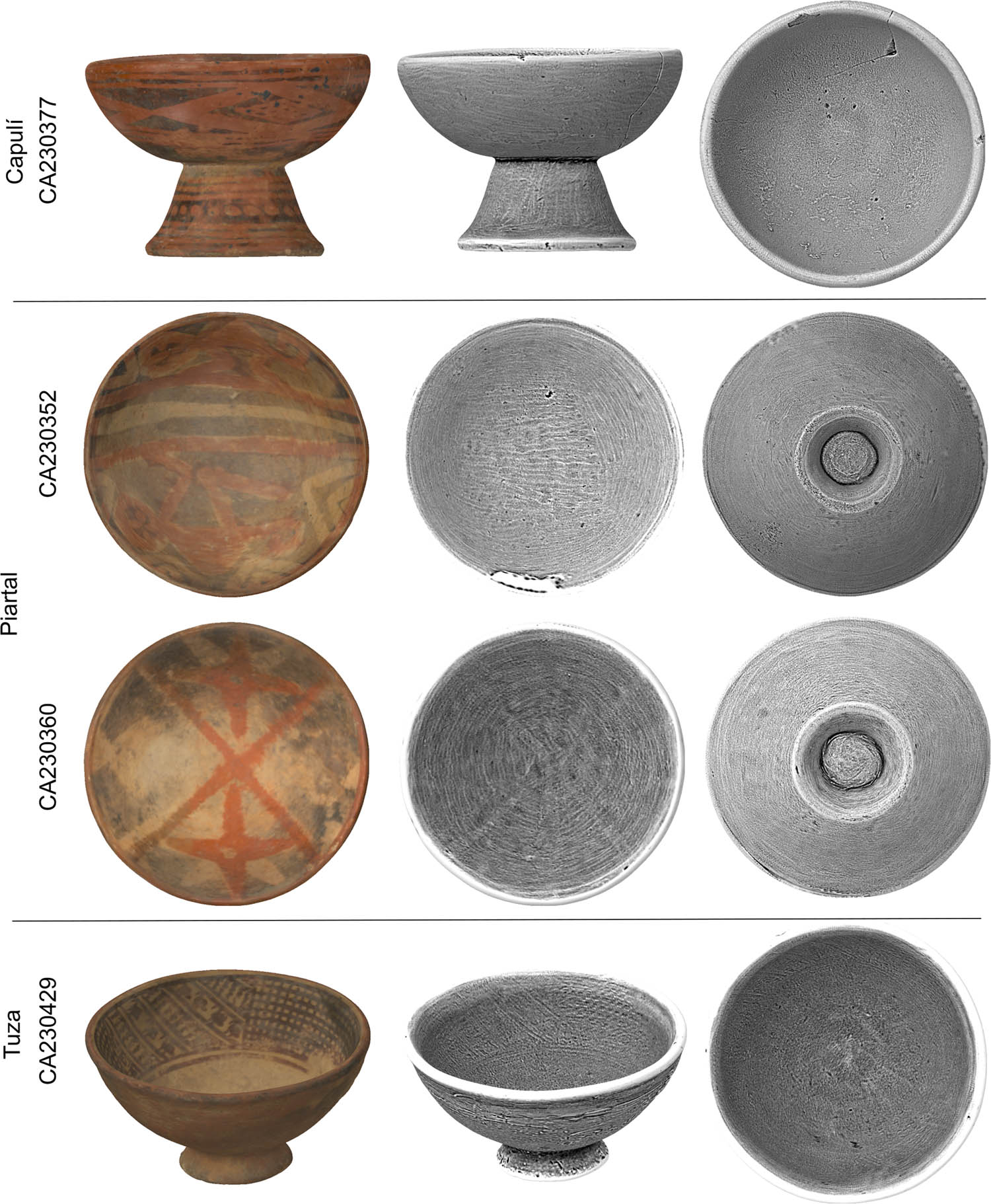Figure 23 
                     Images of 3D objects with (centre and right) and without (left) MSII filtering to visualise paint and burnishing details. Capulí and Piartal display examples of directional burnishing while the Tuza only shows details of paint. Visualisations made in GigaMesh (build: 22nd June 2023).
                  