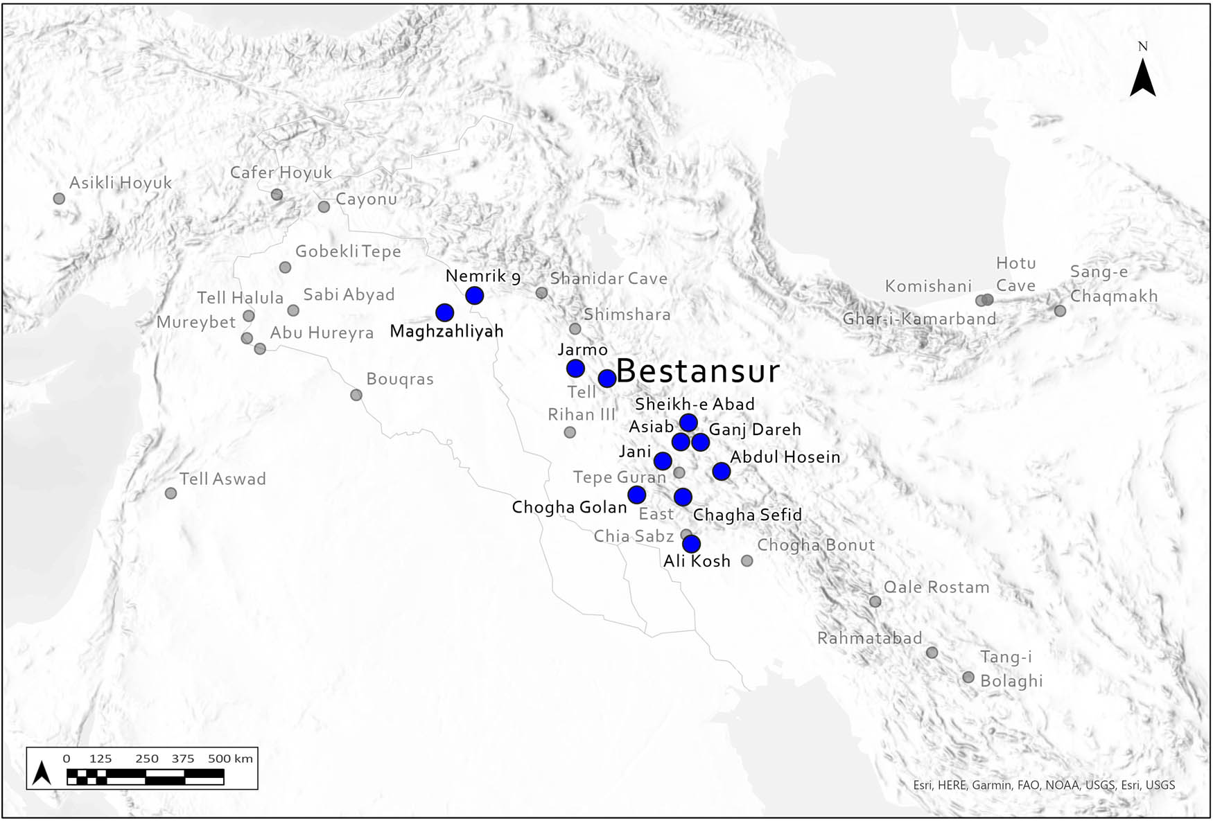 Figure 5 
                  Distribution of clay figurines and geometric objects in the “Zagrosian style”.
               