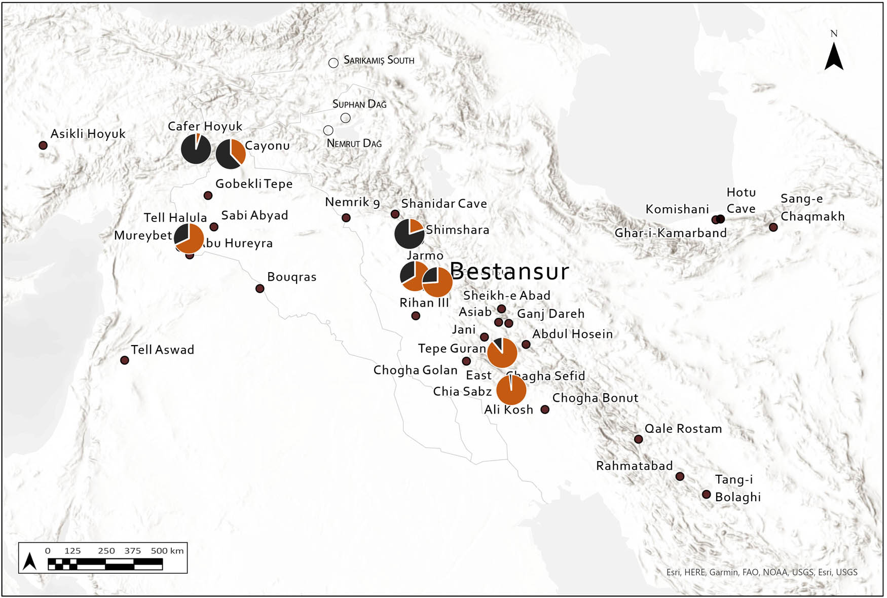 Figure 9 
                  Proportions of obsidian (black) versus chert (orange).
               