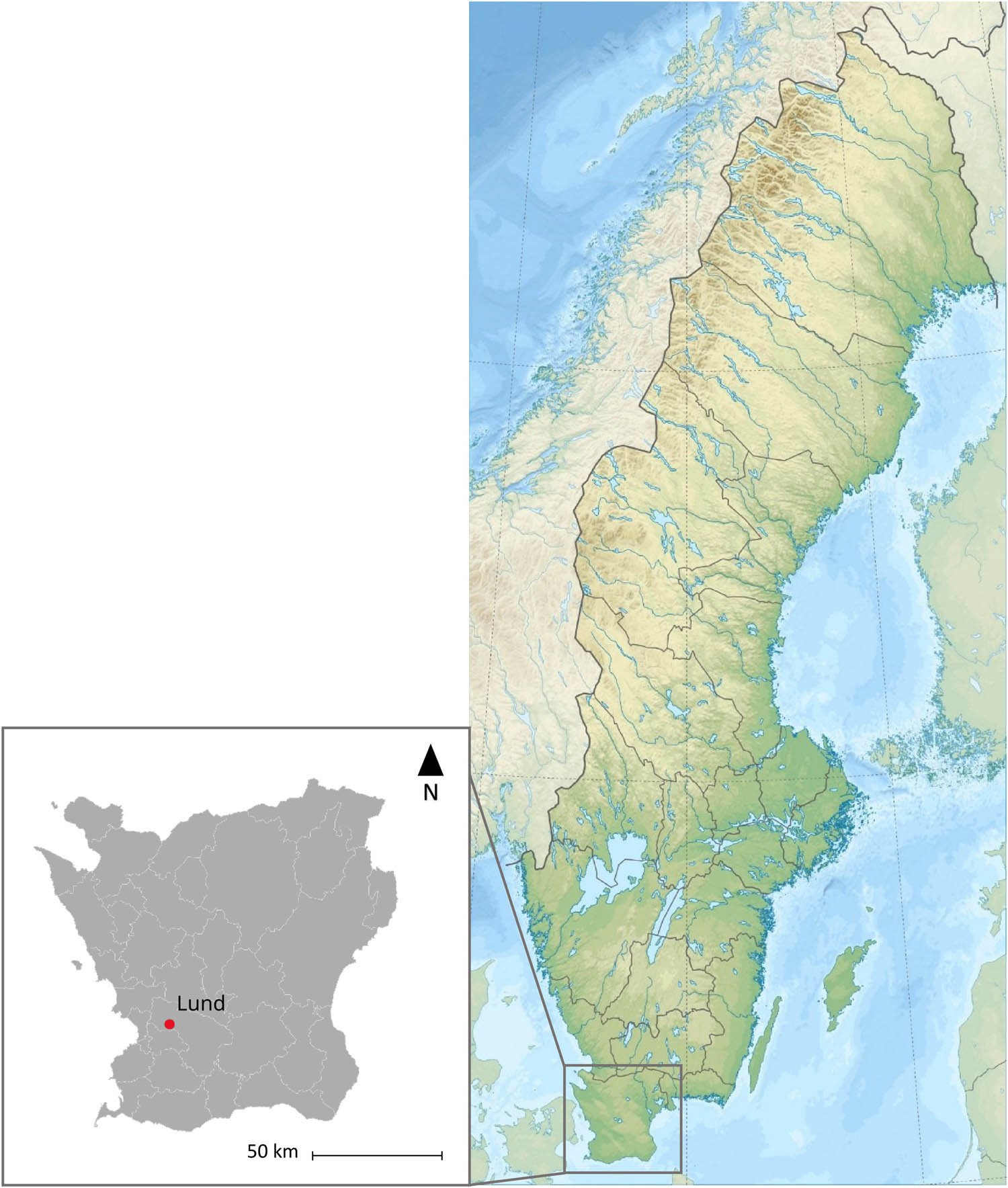 Figure 1 
                  Map of Scania in Southern Sweden, Lund located in the Southwest of the Province. Created by Sandra Tornberg Fritz using ArcGIS.
               