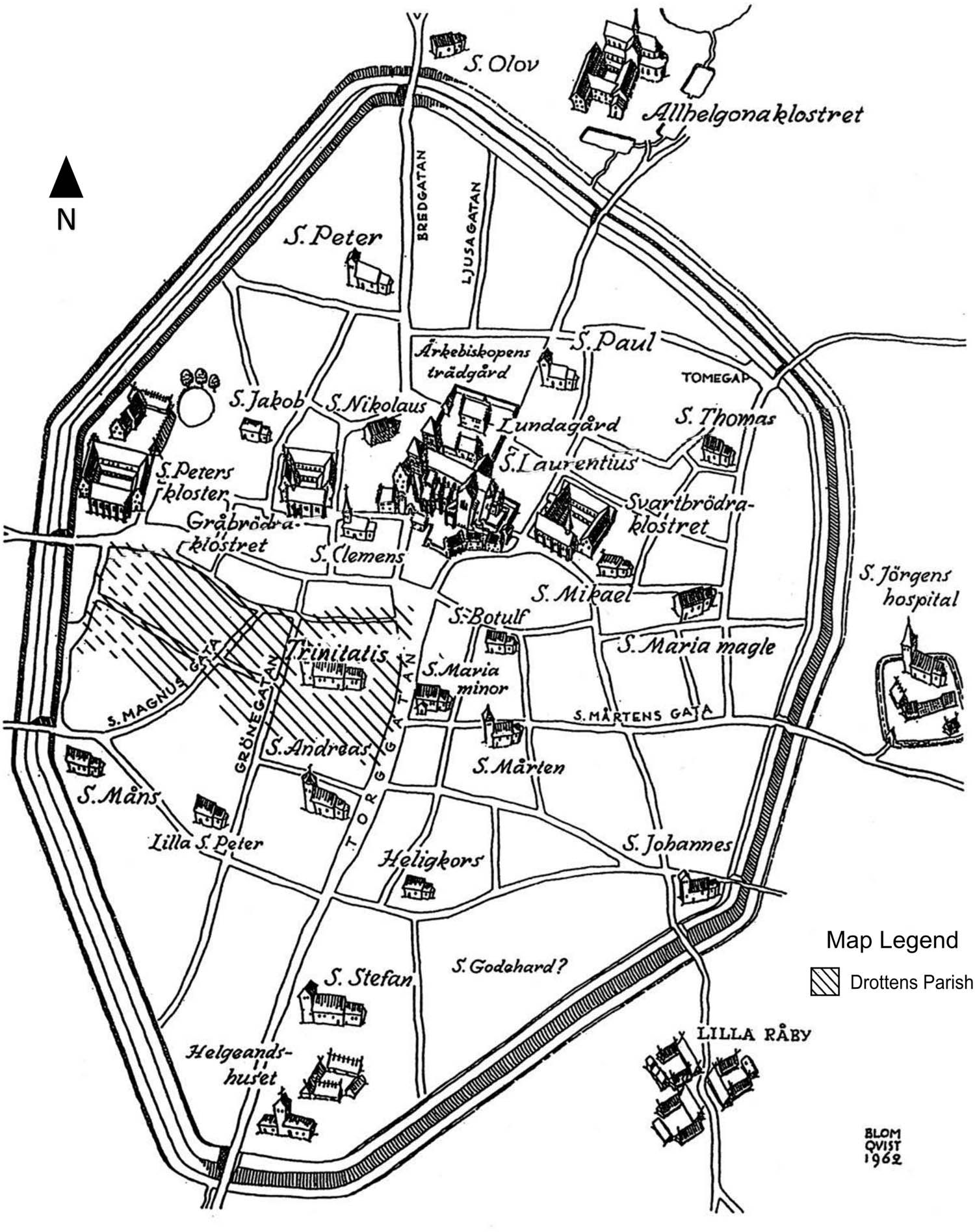 Figure 2 
                  Map of Lund in the Late Medieval ca.1536 CE, Trinitatis church with Drottens parish marked. Reproduced with permission from Caroline Ahlström-Arcini (Arcini et al., 2016, p. 110), original Blomqvist (1963, p. 11) with later additions by Maria Cinthio (1999, p. 43), and Blair Nolan in this publication (map legend and arrow).
               