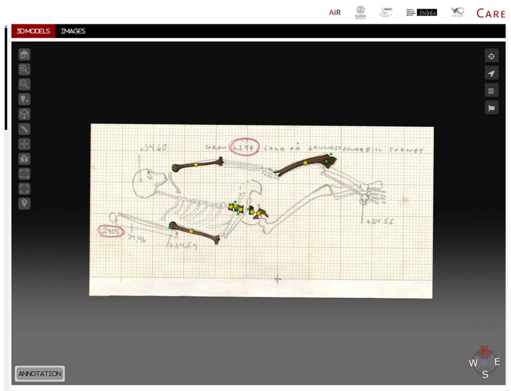 Figure 3 
                     Integration of the 3D modelled remains into the legacy data from the context drawings of individual 2399’s grave in the excavation trench. Annotations represented by green orbs.
                  