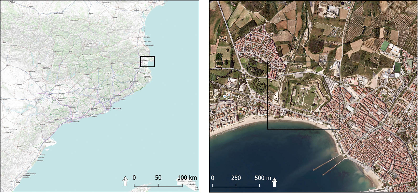 Figure 1 
               Location of the medieval town of Rosas inside the modern fortress.
            