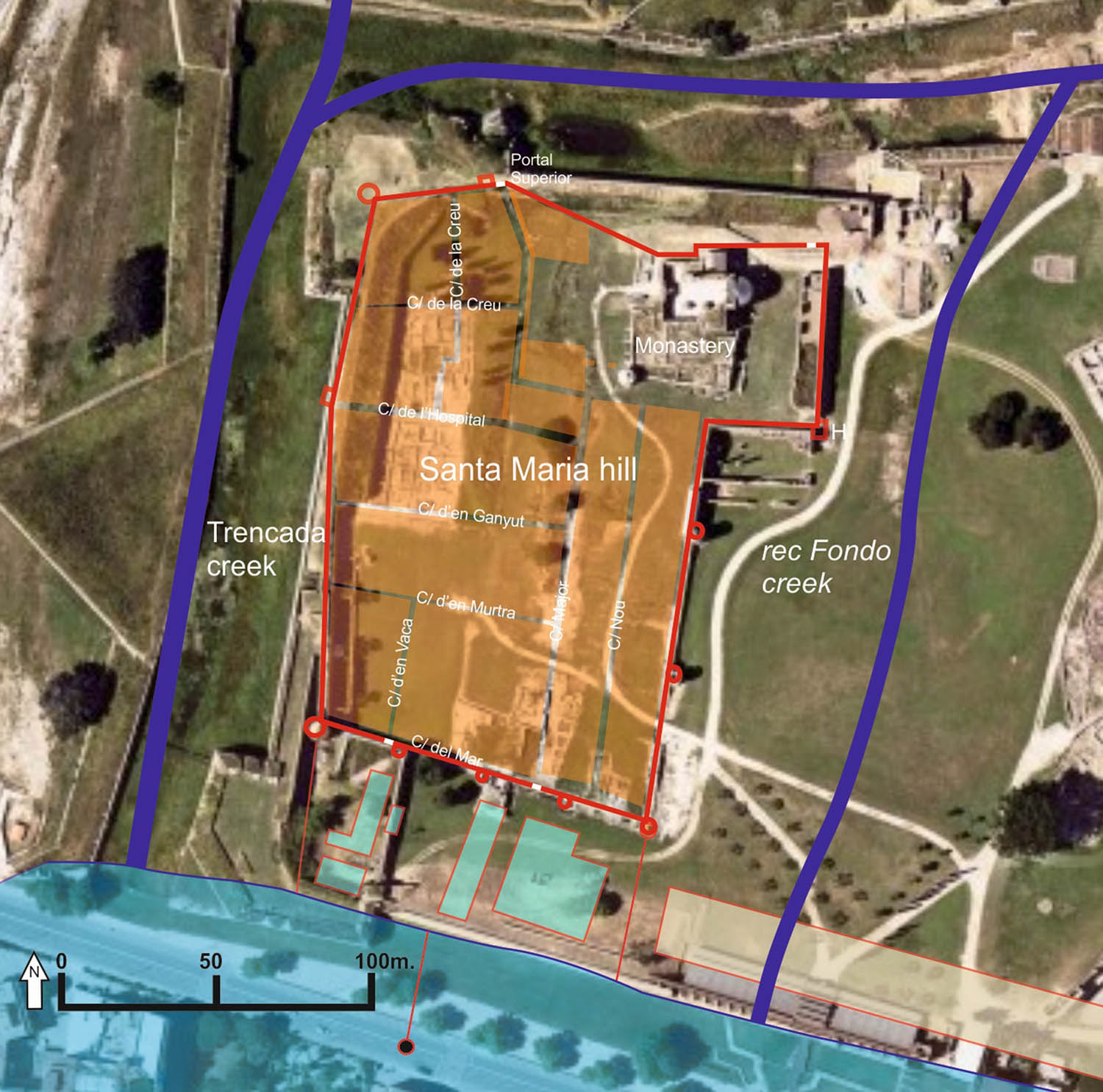 Figure 2 
               General view of the medieval village area with indication of the main topographical elements mentioned in the text.
            