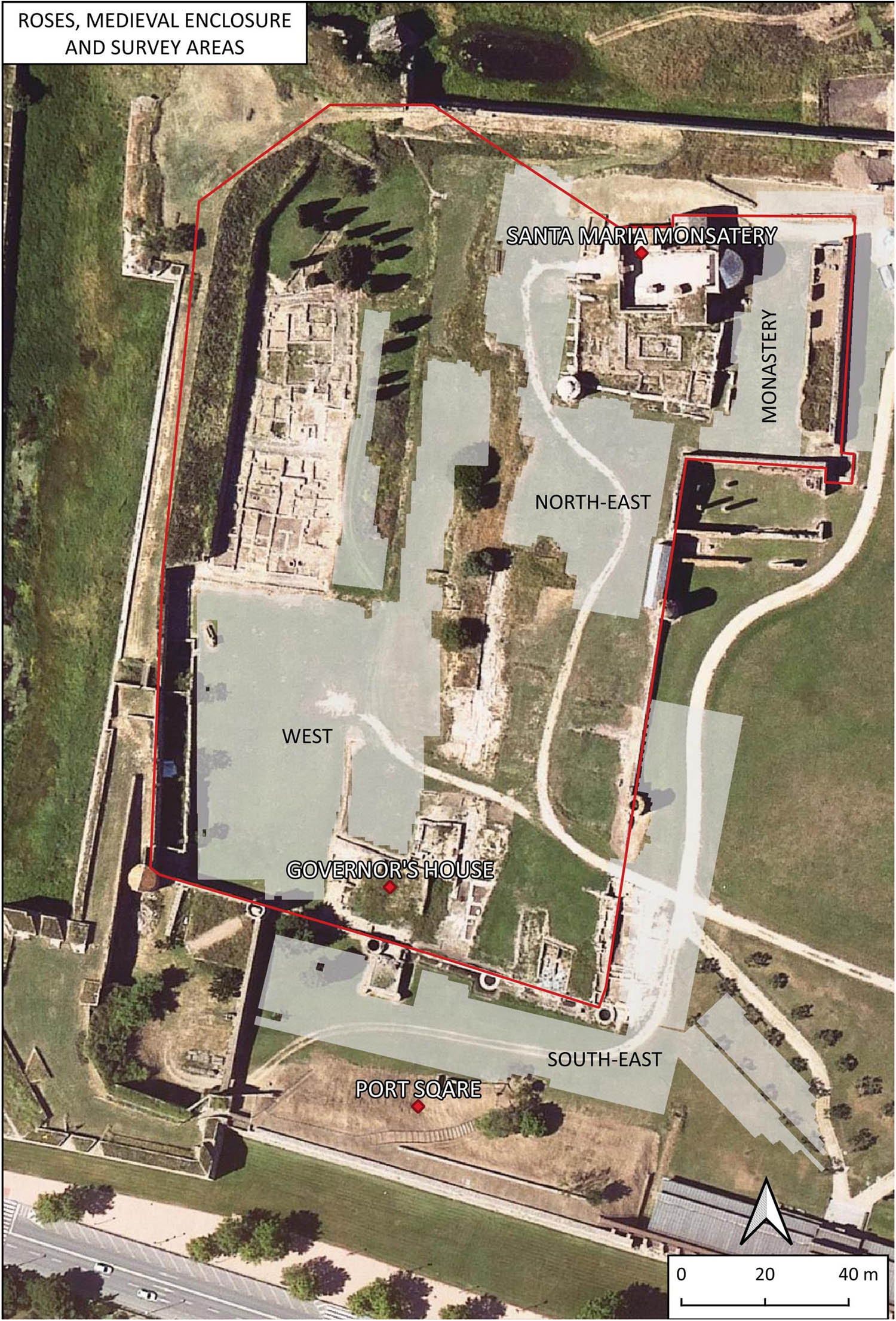 Figure 6 
                  General view of the area of the medieval town with indication of the surveyed sectors.
               