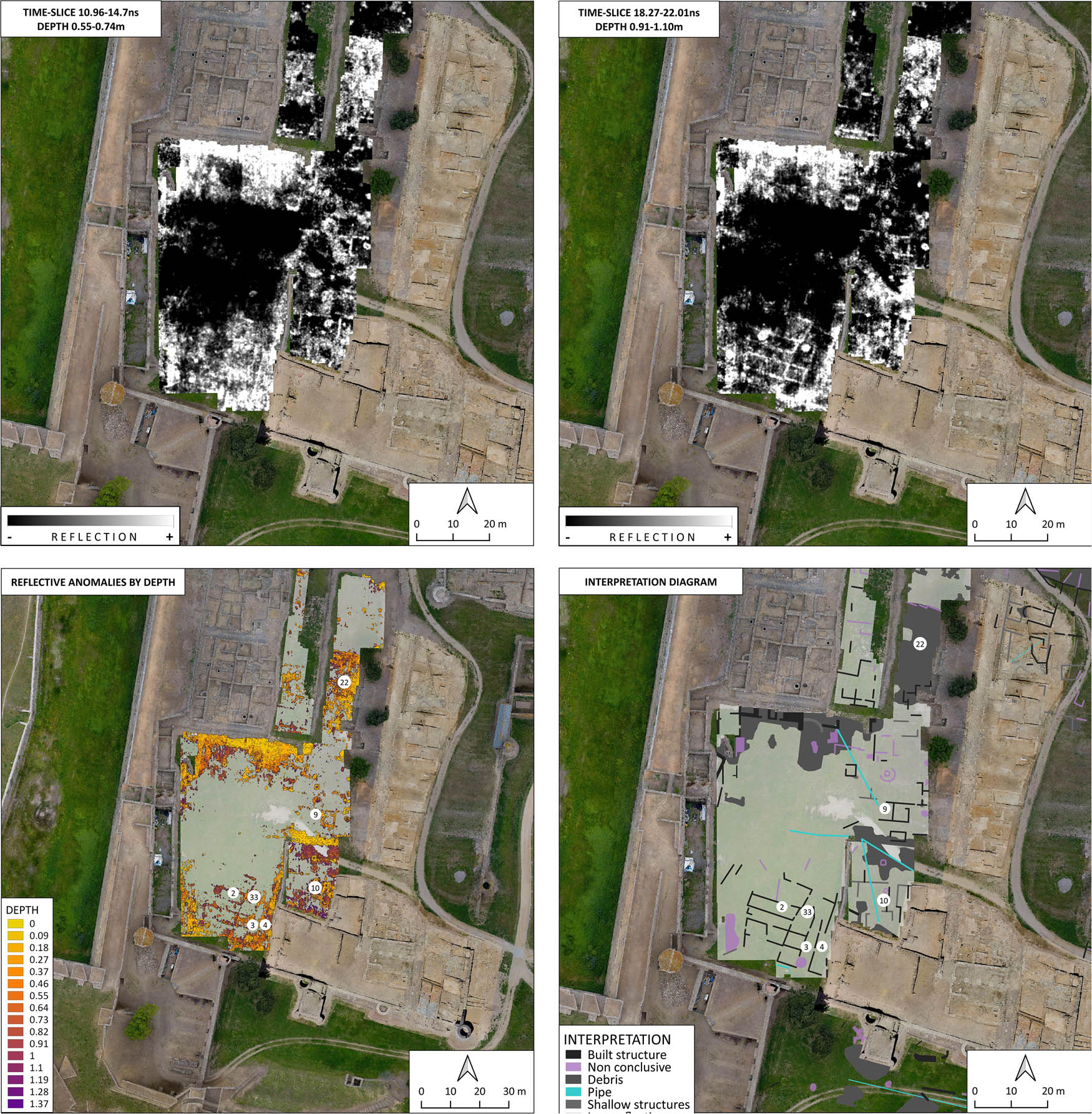 Figure 8 
                  West. Time-slices at different depths. Image below: diagram of anomalies by depth and interpretation scheme.
               