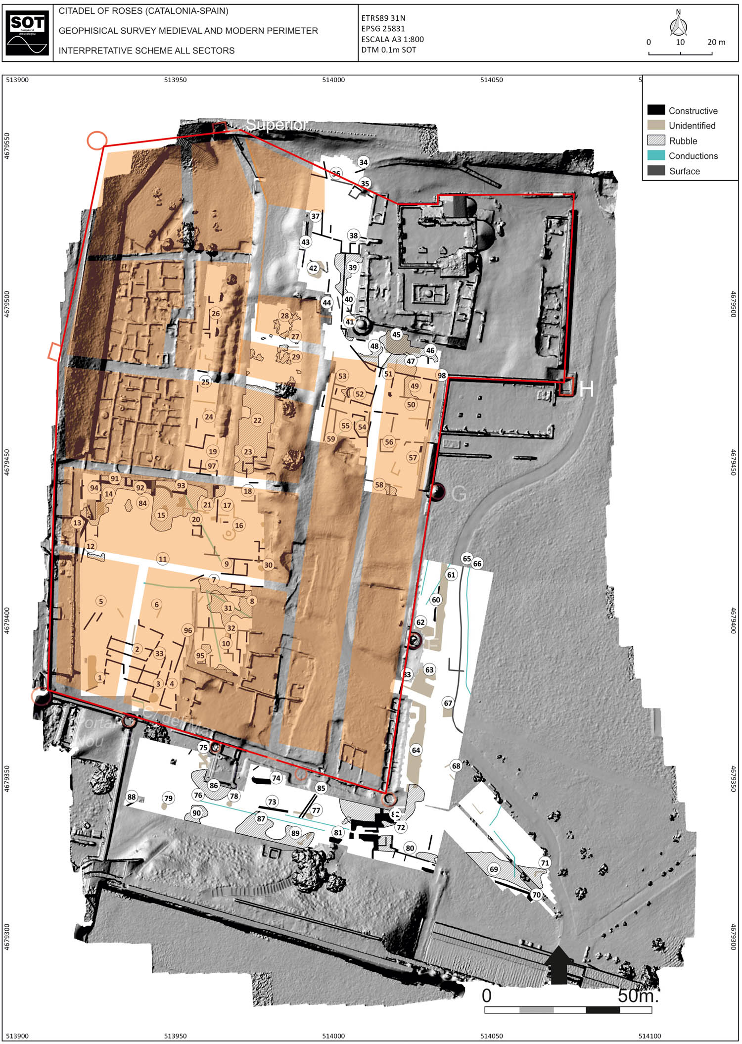 Figure 10 
               Overlay of the theoretical urban plan with the geophysical survey results.
            