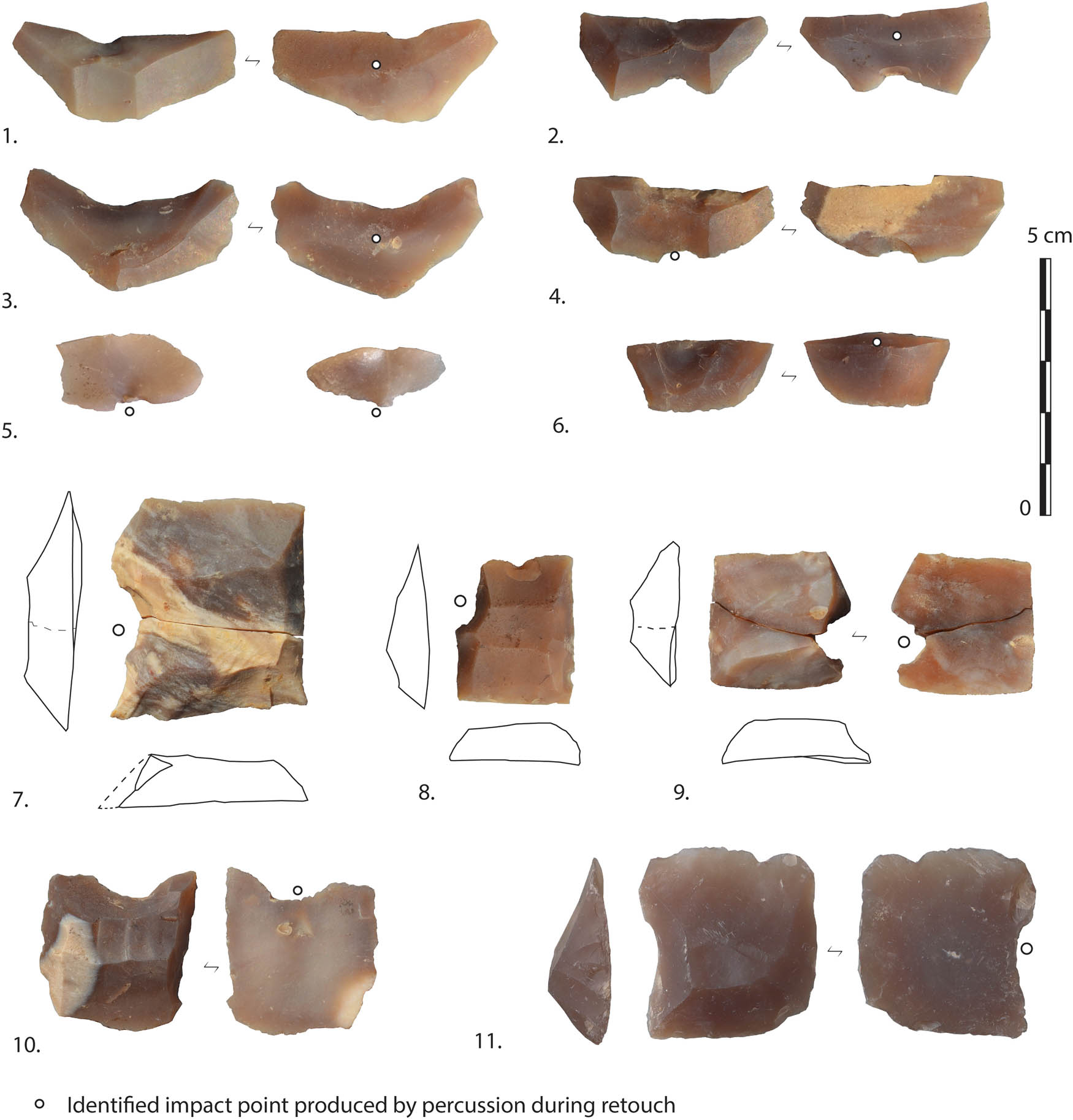 Figure 8 
                  Diagnostic flakes and chips associated with the retouch process (1–6). Unfinished and broken rectangular gunflint pieces (7–10). D-shape gunflint (11) (photos B. M.-R. and P.-A.B.).
               