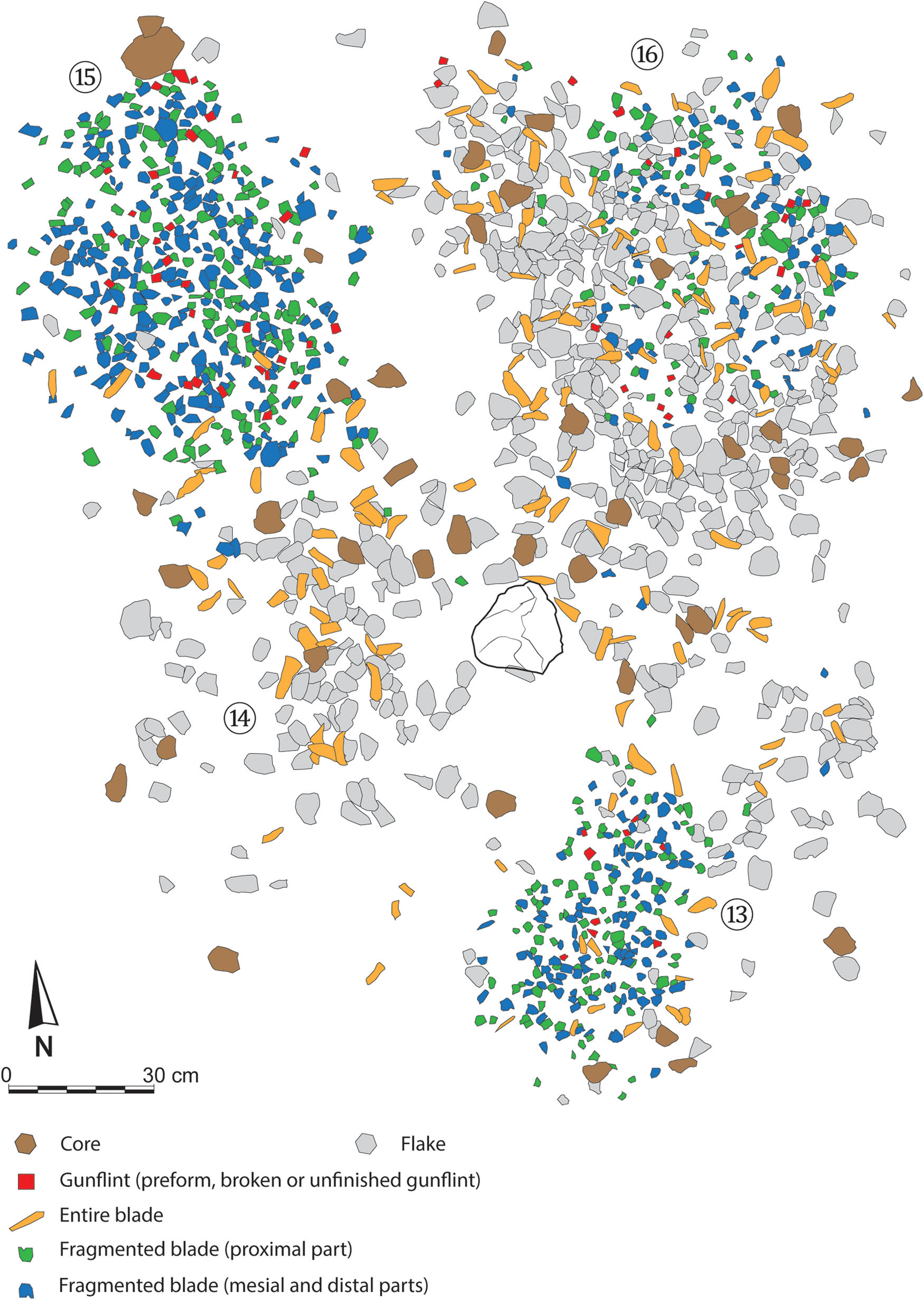 Figure 12 
               Planimetric survey of the main lithic artifacts observed on the surface of the clustered workstations WS003.13-16 (Survey and C.A.O P.-A. B.).
            