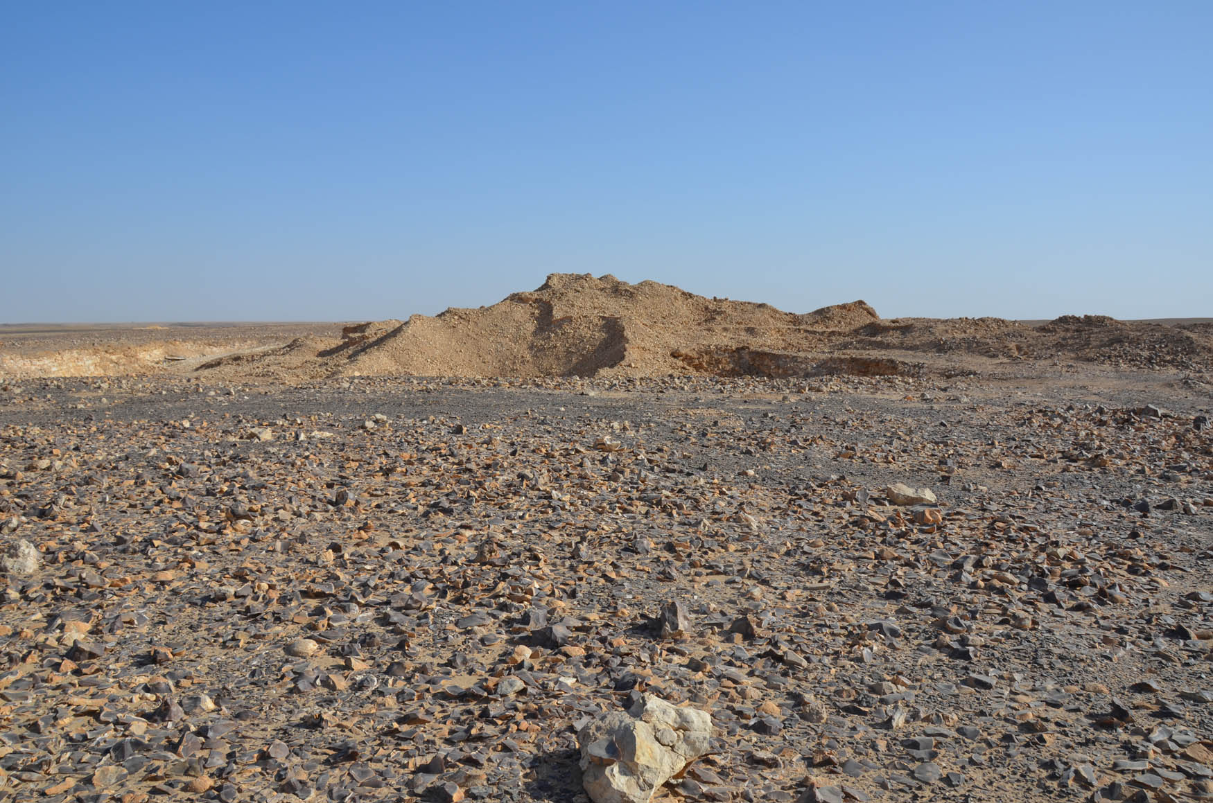 Figure A2 
                     WS004 site, view of the quarry with the spoil heap from the manufacturing area (photo B. Midant-Reynes).
                  