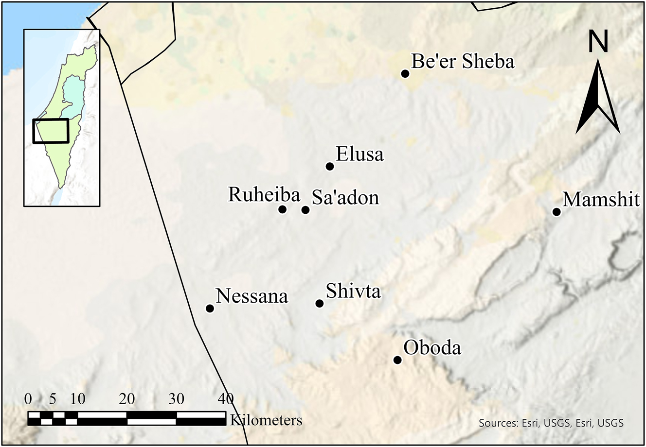 Figure 1:
A map rendered in ArcGIS Pro v.3.1.3 showing the sites of the North-Western Negev desert which are commonly featured in the debate.