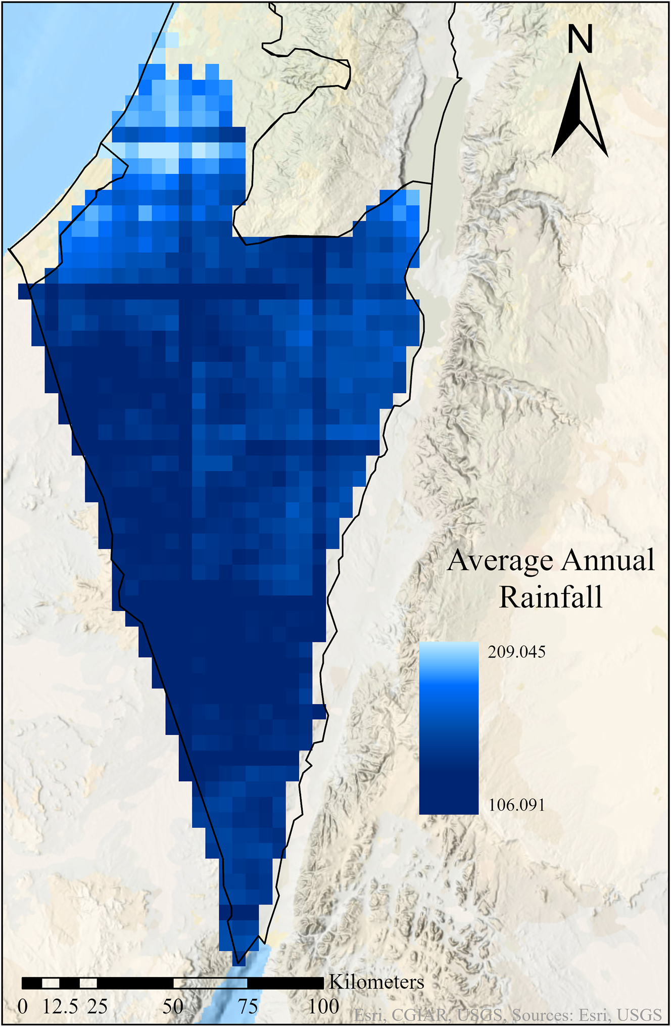 Figure 2:
A map rendered in ArcGIS Pro v.3.1.3 showing the annual average rainfall in the South of Israel from 2003 to 2024.