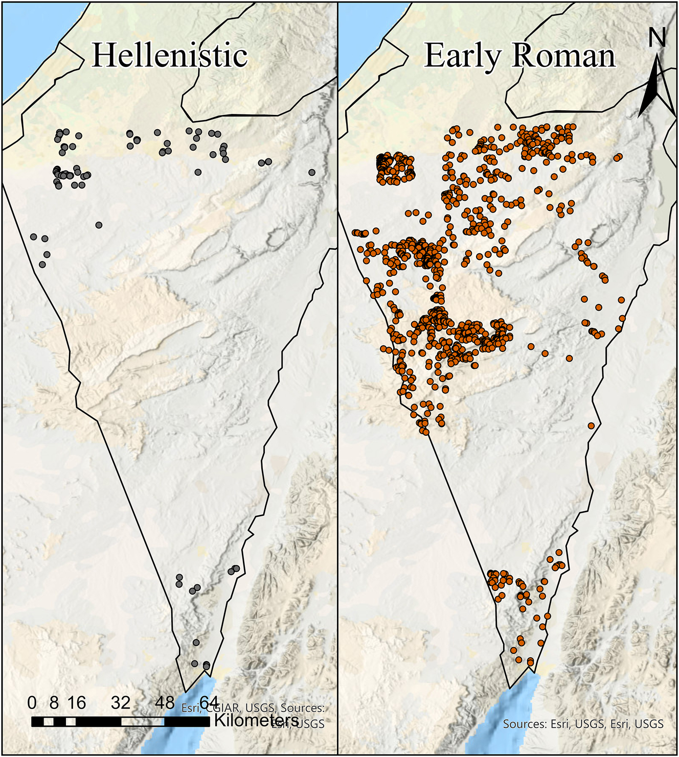 Figure 7:
A map of the survey sites in the South of Israel dated to the Hellenistic (left) and Early Roman (right) period. The map was produced using Arc GIS Pro v.3.1.3.
