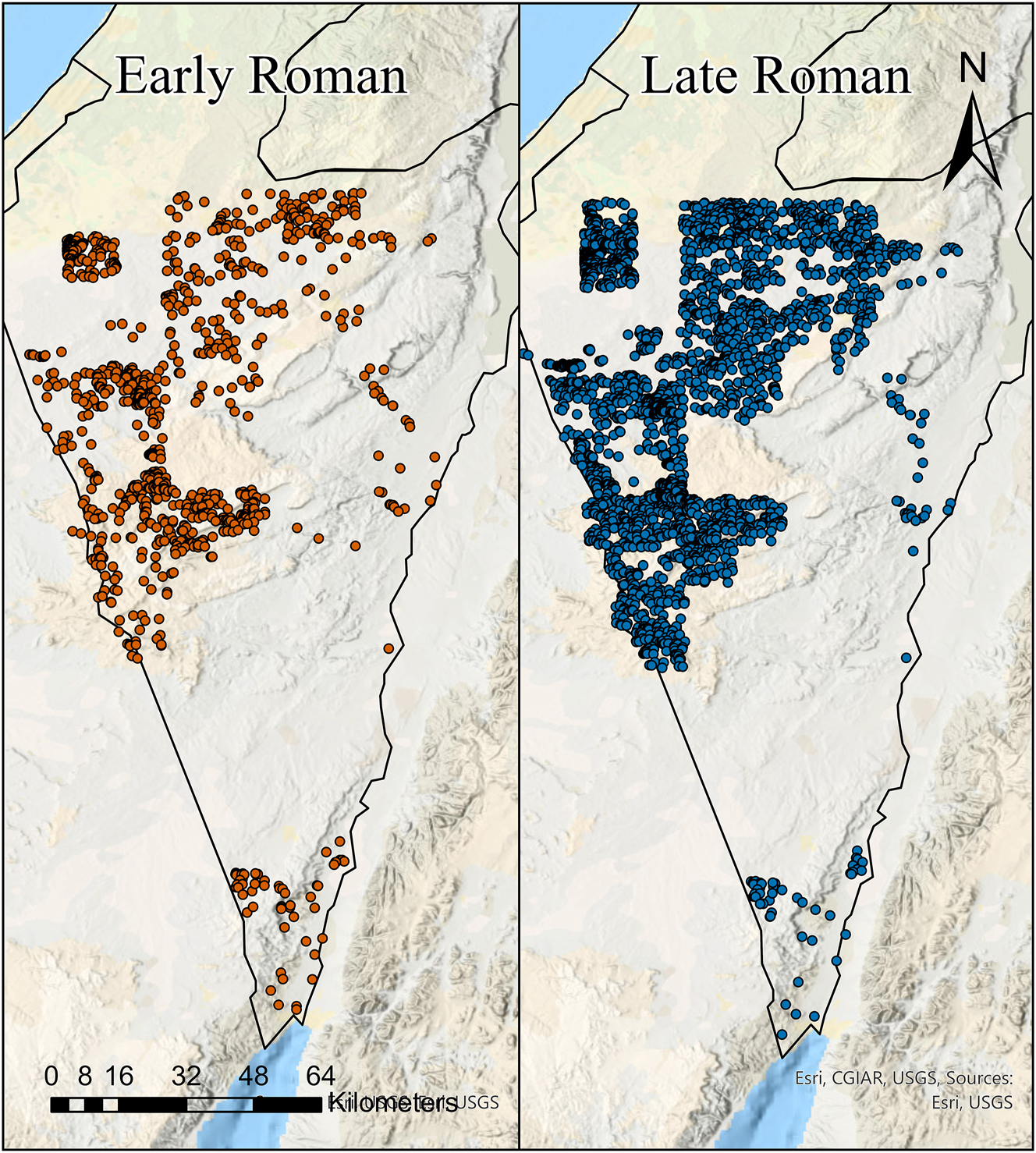 Figure 8:
A map of the survey sites in the South of Israel dated to the Early Roman (left) and Late Roman (right) period. The map was produced using Arc GIS Pro v.3.1.3.