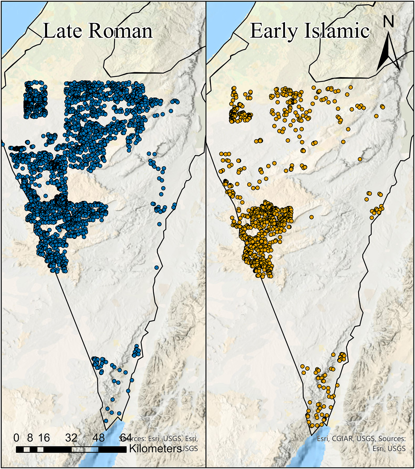 Figure 9:
A map of the survey sites in the South of Israel dated to the Late Roman (left) and Early Islamic (right) period. The map was produced using Arc GIS Pro v.3.1.3.