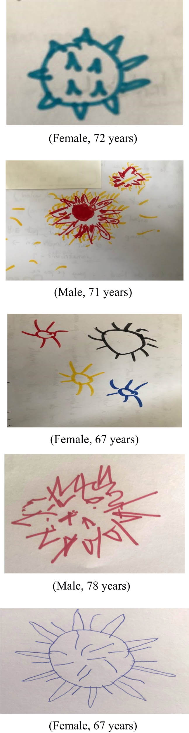 Figure 3
Examples of the most frequently spontaneously painted image of the COVID-19 virus by the participants.