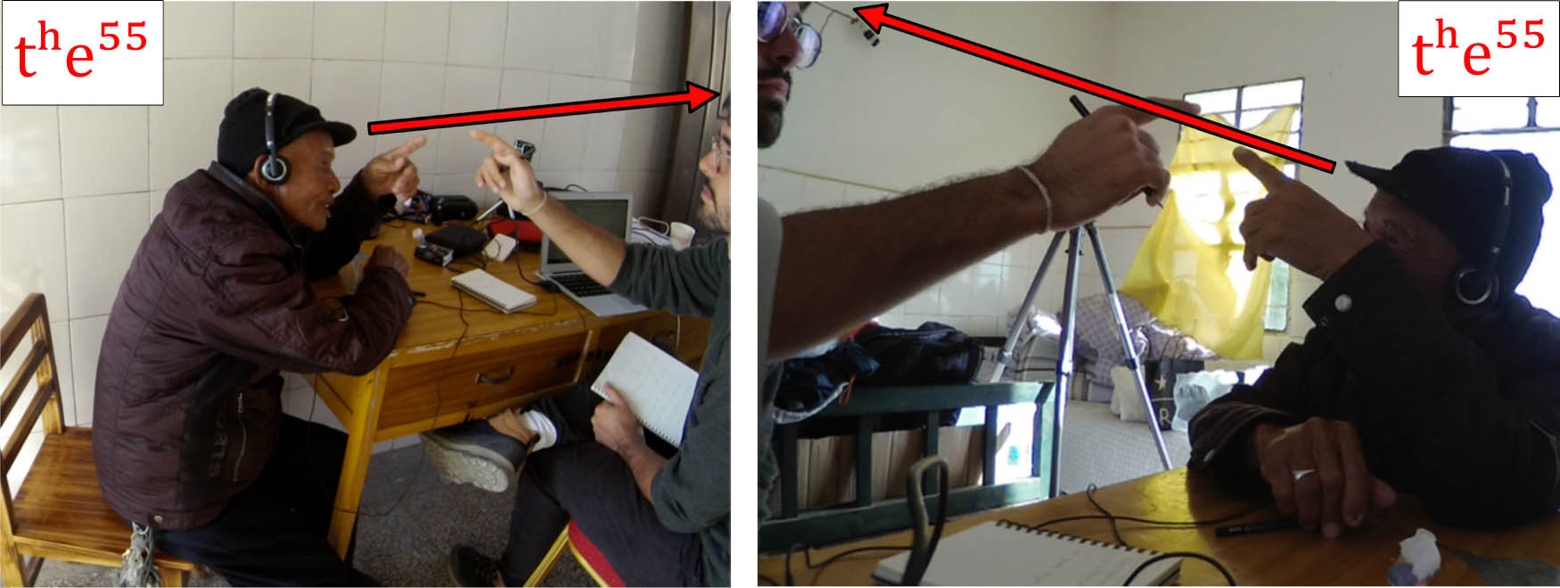 Figure 3 
               BLW points to his interlocutor’s hair. Co-timed with addressee deictic in Example 6. Same frame, different cameras.
            