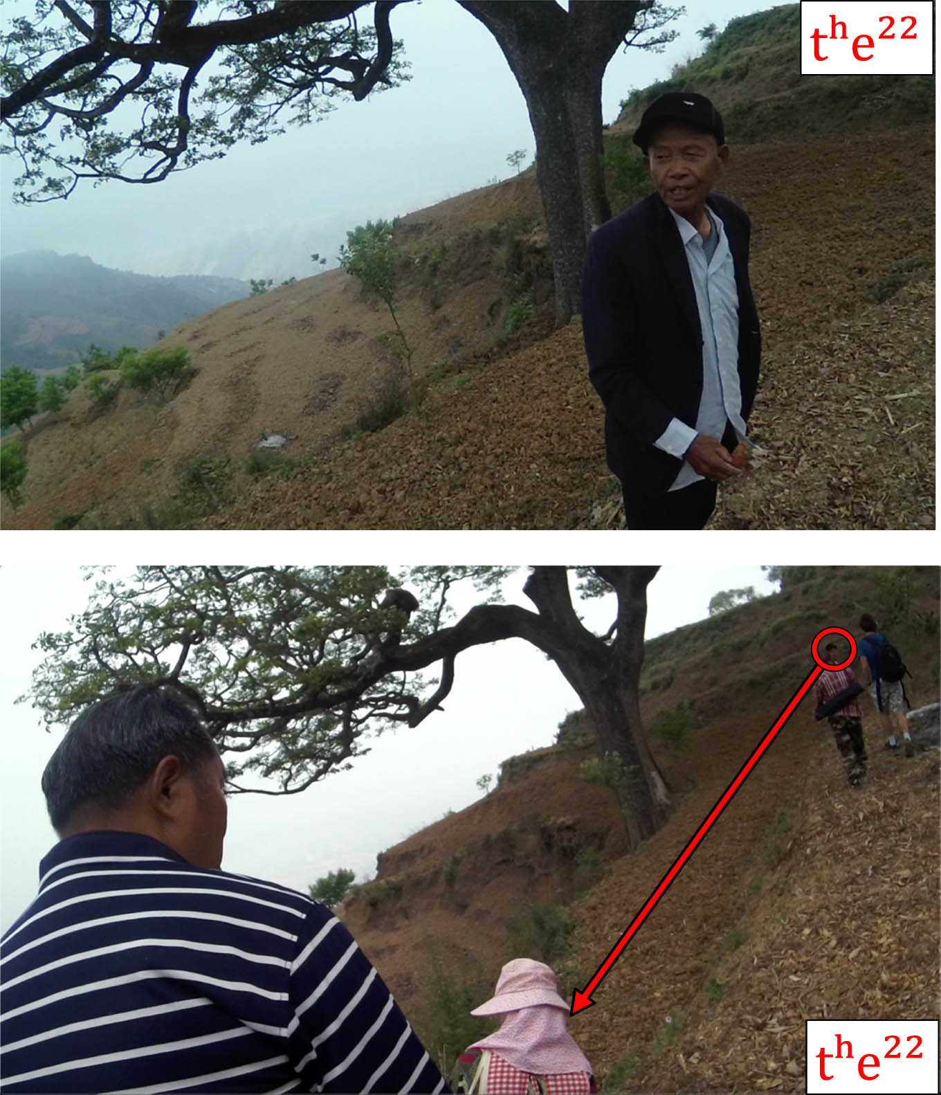 Figure 5 
               BLW (red circle on the right) monitors the location of MSN and BTL on the left. He uses addressee deictics to refer to their location. Same frame captured by different cameras (12 m apart).
            