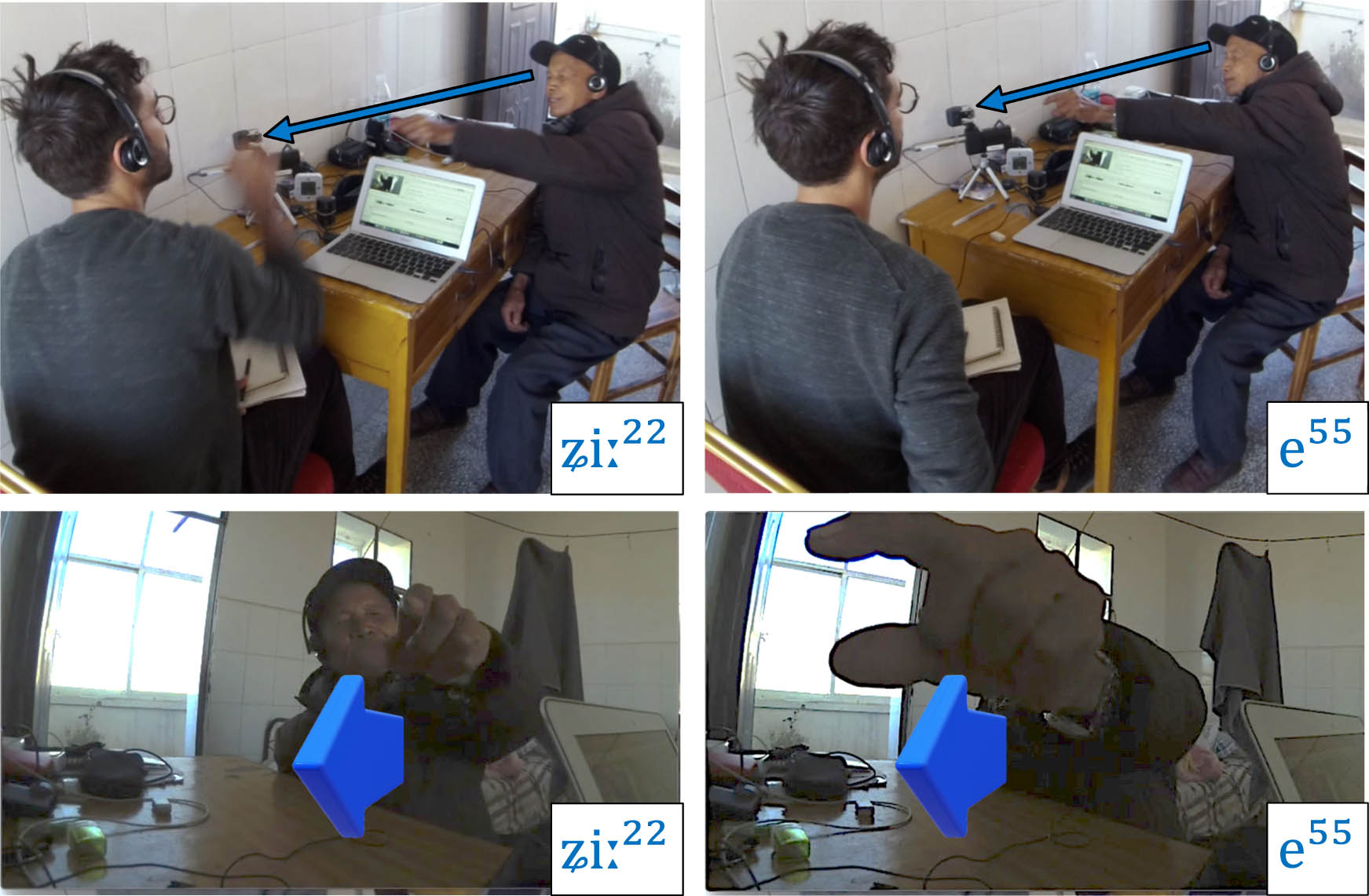 Figure 8 
               Speaker reclaims physical proximity to referent, prompting a switch to speaker-anchored deictics. Figures on top row and bottom row represent the exact same frames as captured by a lateral and a frontal camera, respectively. They correspond to the bolded tokens in Example 10.
            