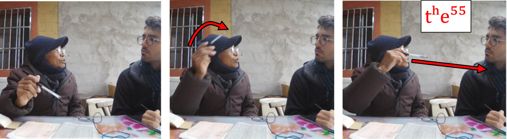 Figure 17 
               Puncture stroke towards addressee’s chest is perfectly co-timed with bolded tʰe⁵⁵ in Example 27.
            