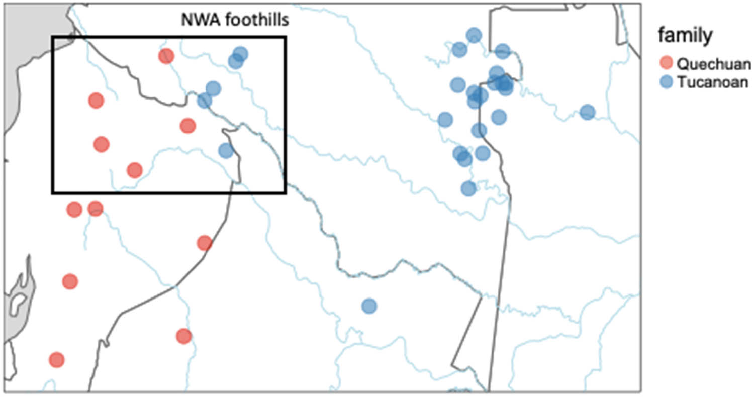 Map 1
The distribution of Quechuan and Tukanoan languages in the NWA.