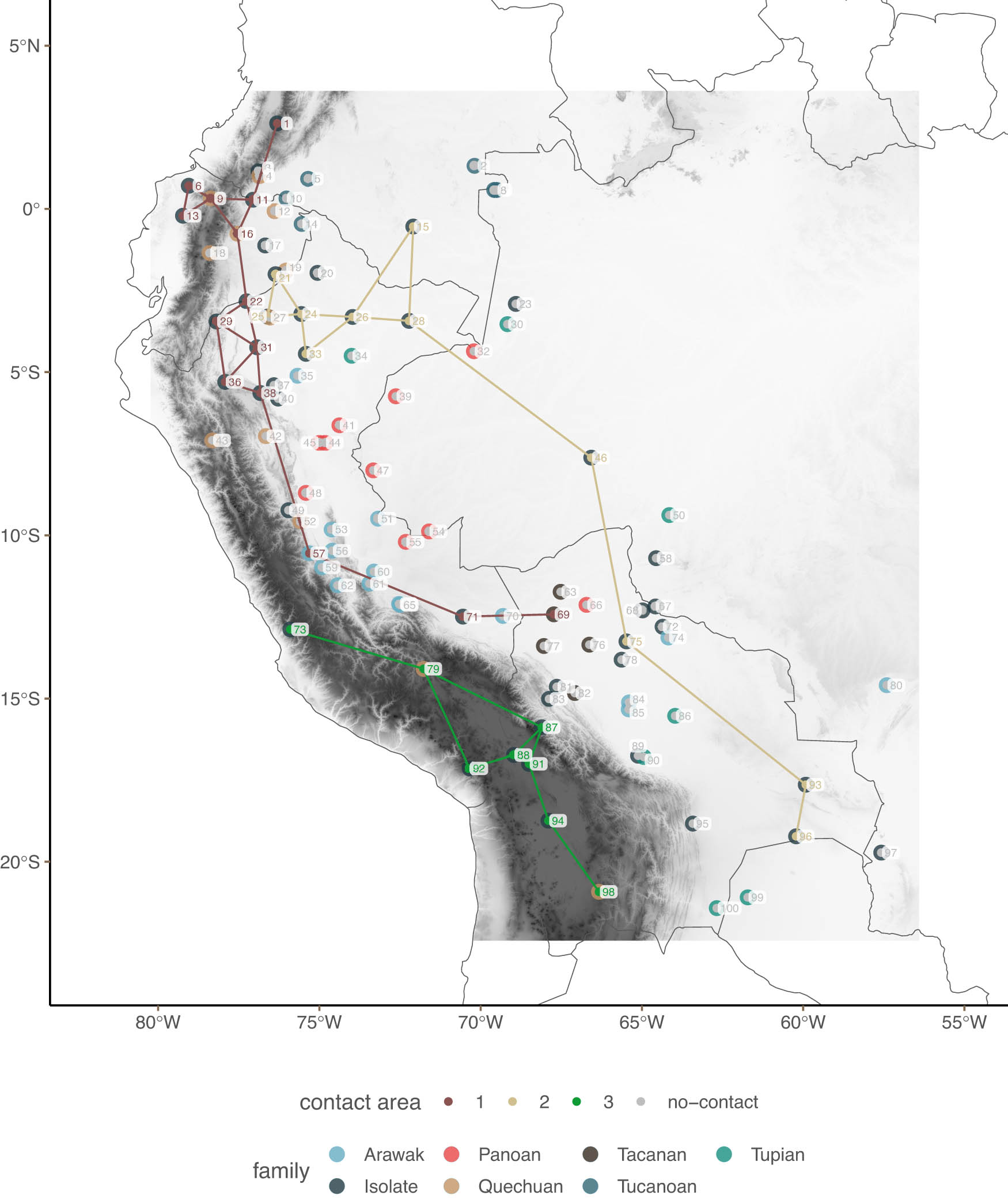 Figure 12 
                     Spatial patterns of sBayes for South American languages.
                  