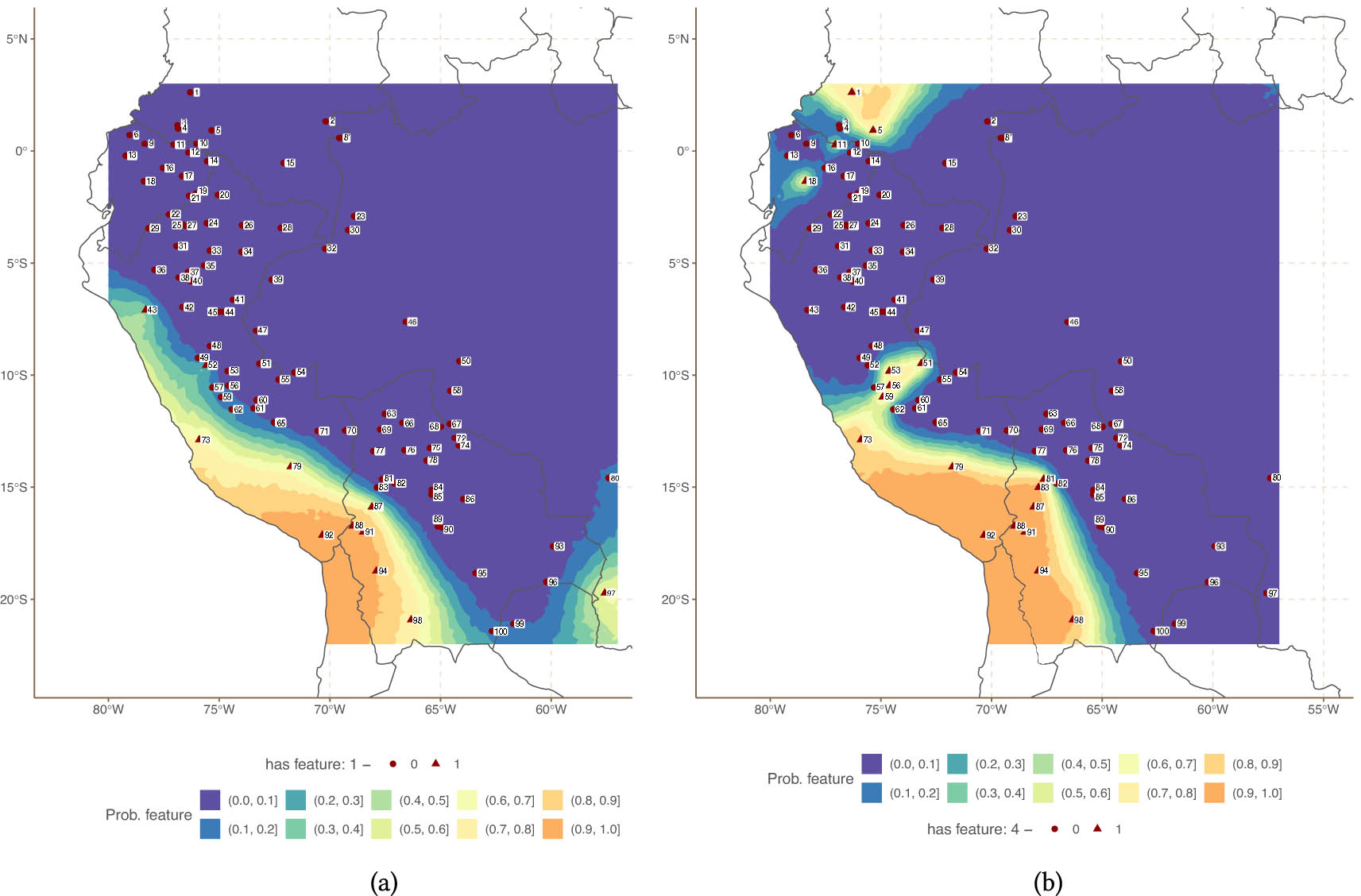 Figure 13 
                     Spatial effects for features F1 and F4. (a) Spatial effects for feature F1 (uvulars and velars) and (b) spatial effects for feature F4 (aspirates).
                  