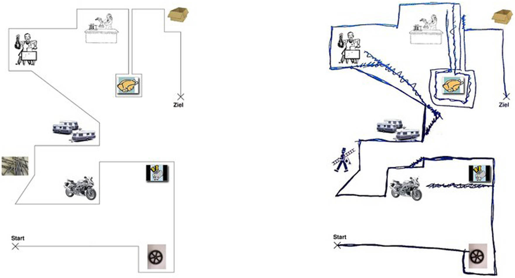 Figure 2 
                  BeMaTaC instructor and instructee maps. Participants are asked to negotiate map directions based on divergent landmarks in their respective maps, such as the missing box at the top right of the instructor map or the pile of nails vs the chimney sweeper to the left of the map (reprinted from the public domain, available through https://www.linguistik.hu-berlin.de/de/institut/professuren/korpuslinguistik/forschung/bematac/bematac).
               