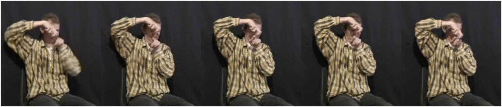 Figure 10 
                  A classifier predicate with straight bouncy movement, meaning ‘running on the electric cord’, NGT. CNGT1718. [00.00.31:875–00.00.32:825].
               