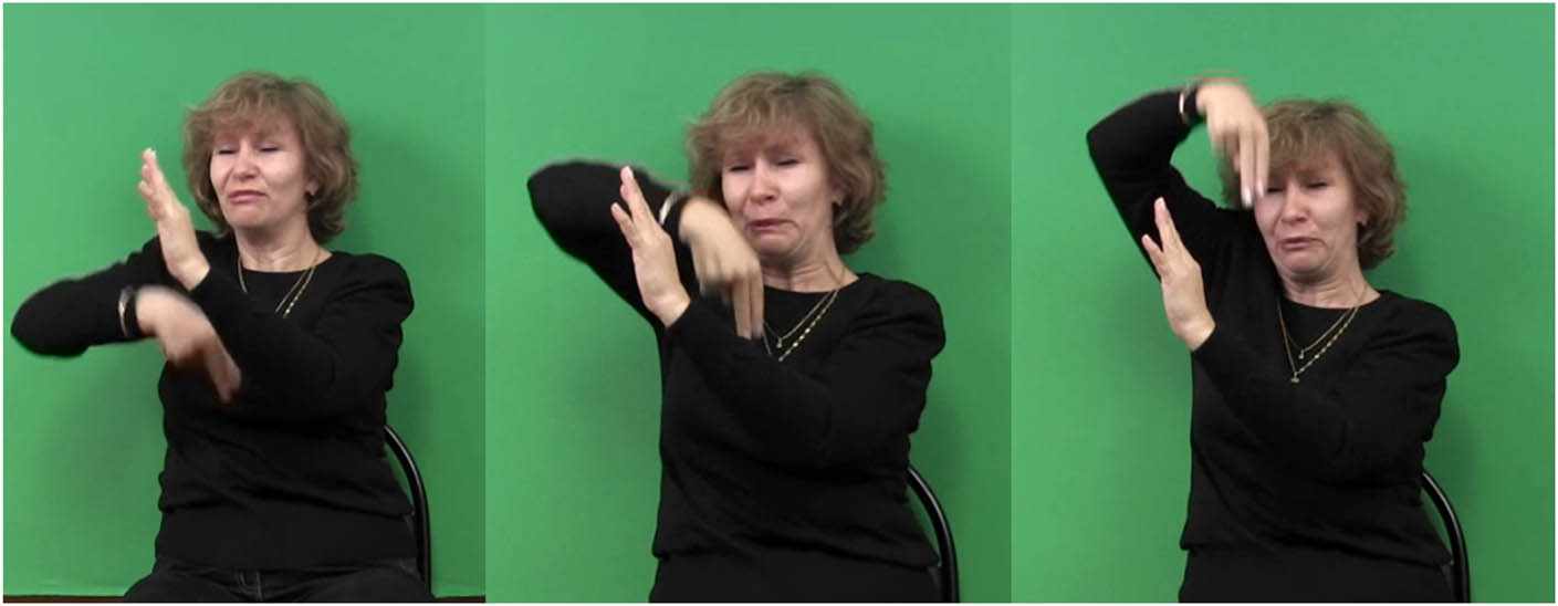 Figure 12 
                     A classifier predicate with the 2-handshape, meaning ‘the cat flies up in the air’, RSL. RSLM-m6-s40-d-std [00:00:48.171–00:00:49.041].
                  