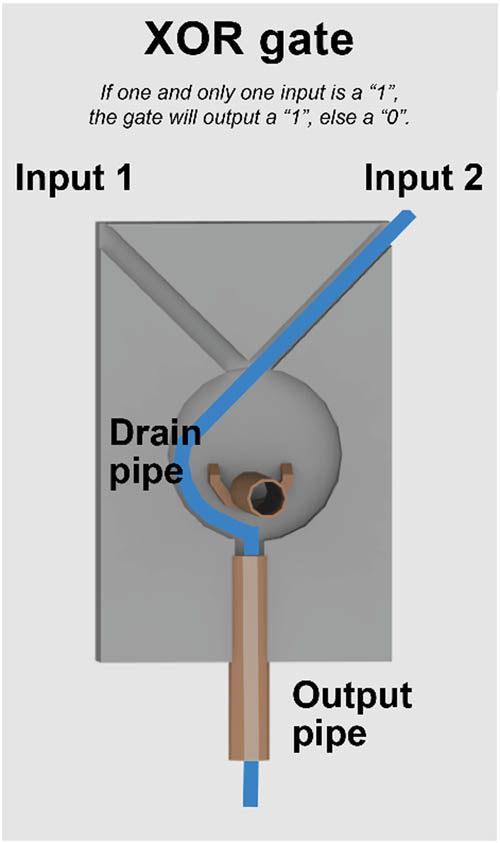 Figure 2 
                  Example mechanism by which water stream inputs can serve as a XOR logic gate.
               