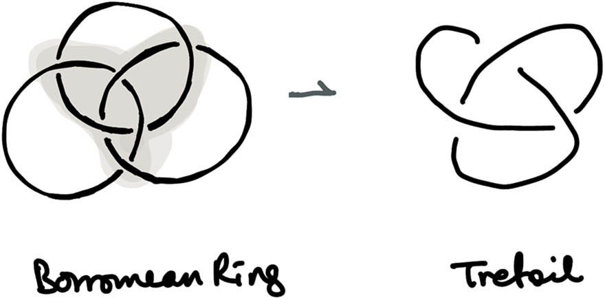Figure 6 
               Trefoil knot inside the Borromean configuration representing the self-relation within the We.
            