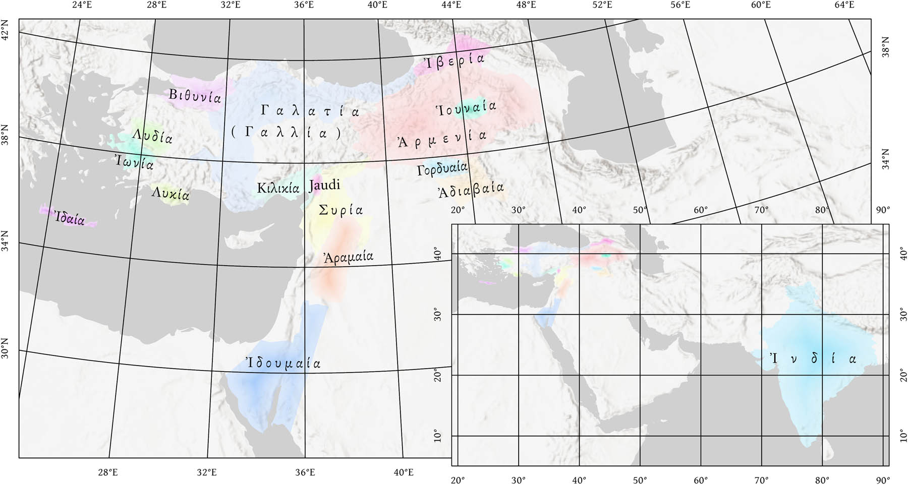 Figure 2 Locations of the conjectural emendations to Ἰουδαία which can be found in the Amsterdam Database of New Testament Conjectural Emendation (ADNTCE).